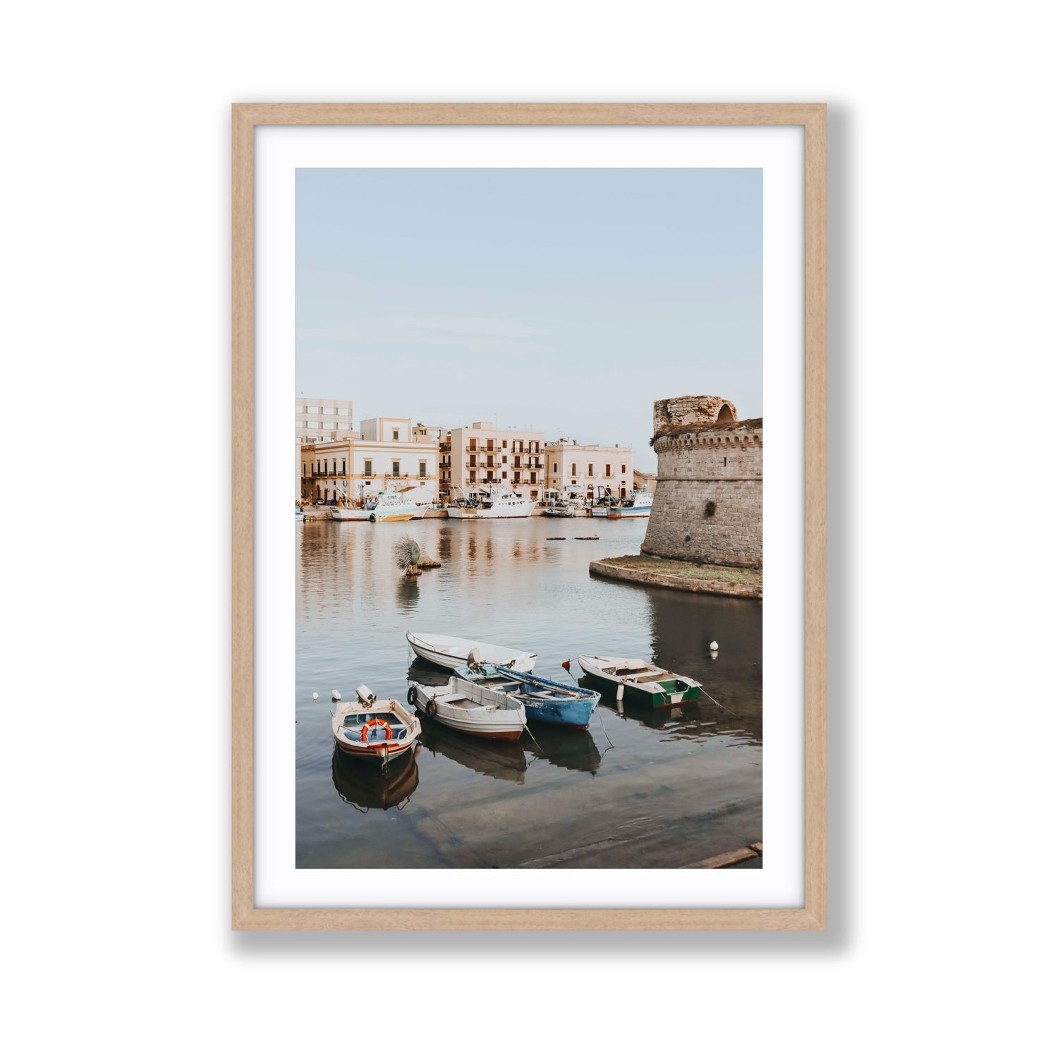 Gallipoli Harbour Puglia coastal wall art Giant fine art print in natural oak frame with matboard