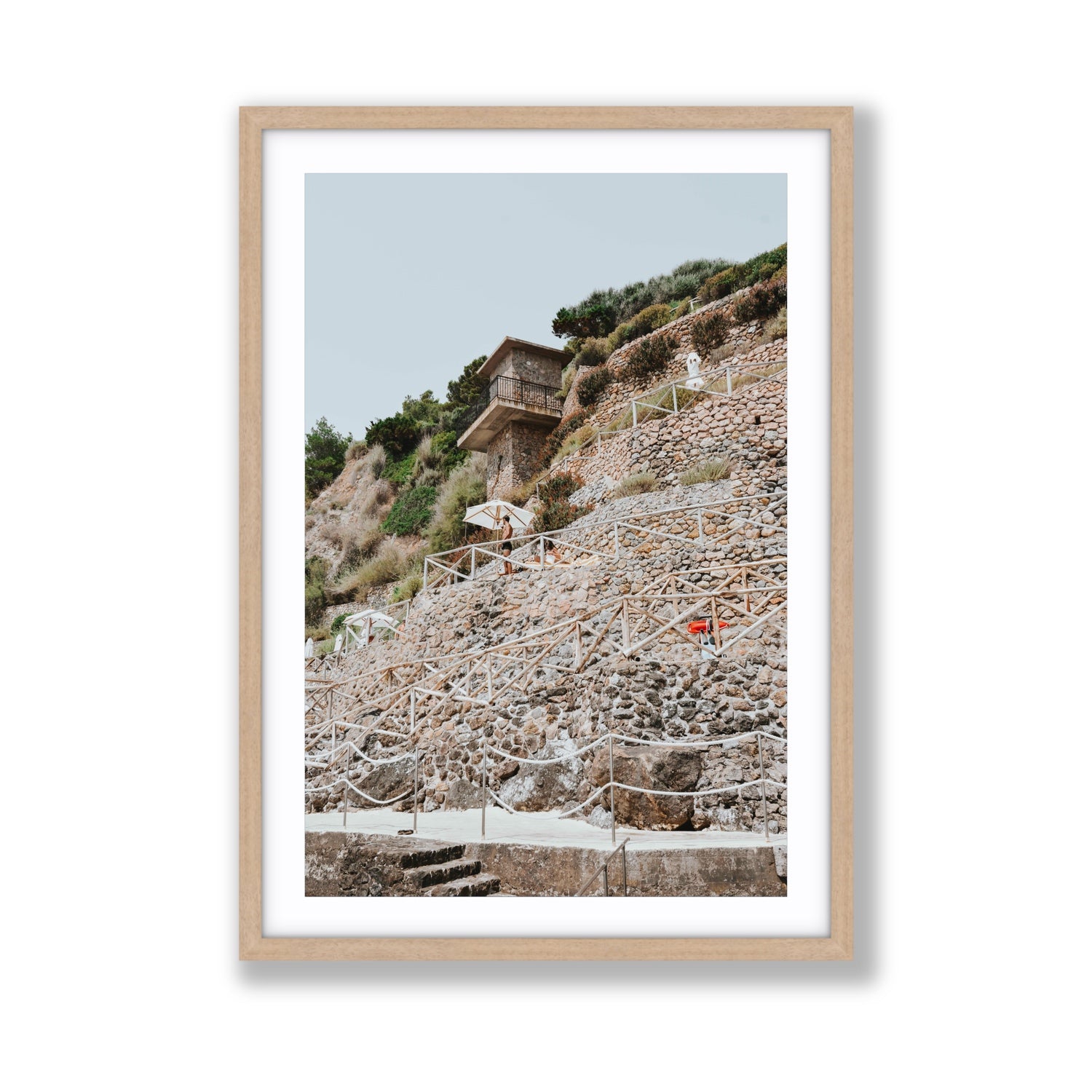 Solitude by the Sea Tuscany coastal Italian wall art Giant fine art print in natural oak frame with matboard