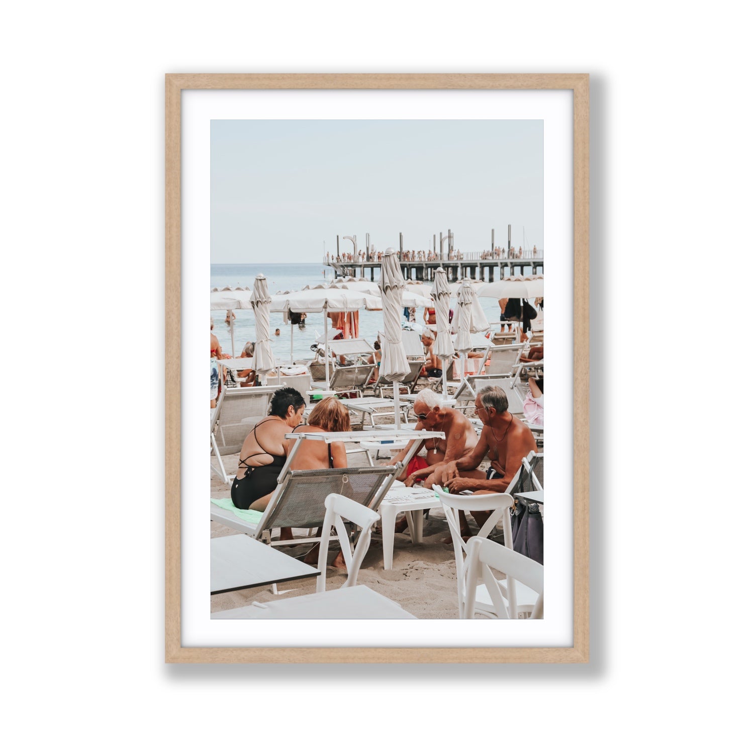 Salted Shuffle fine art print, Alassio, Italy, people and locals artwork, Giant, Natural Oak Frame · Matboard, Fine Art Print