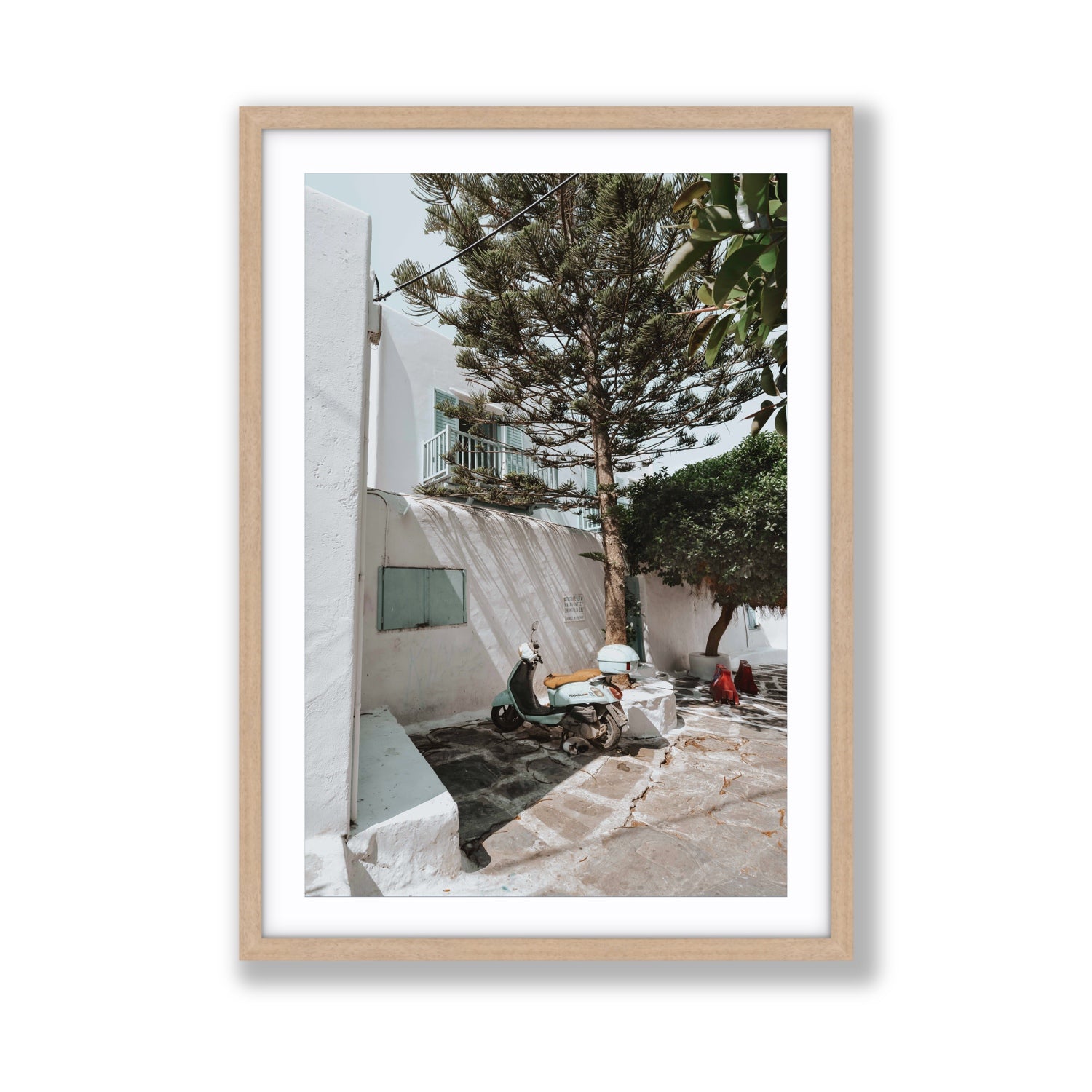 The Getaway Mykonos Mediterranean Greek island art print Giant fine art print in natural oak frame with matboard