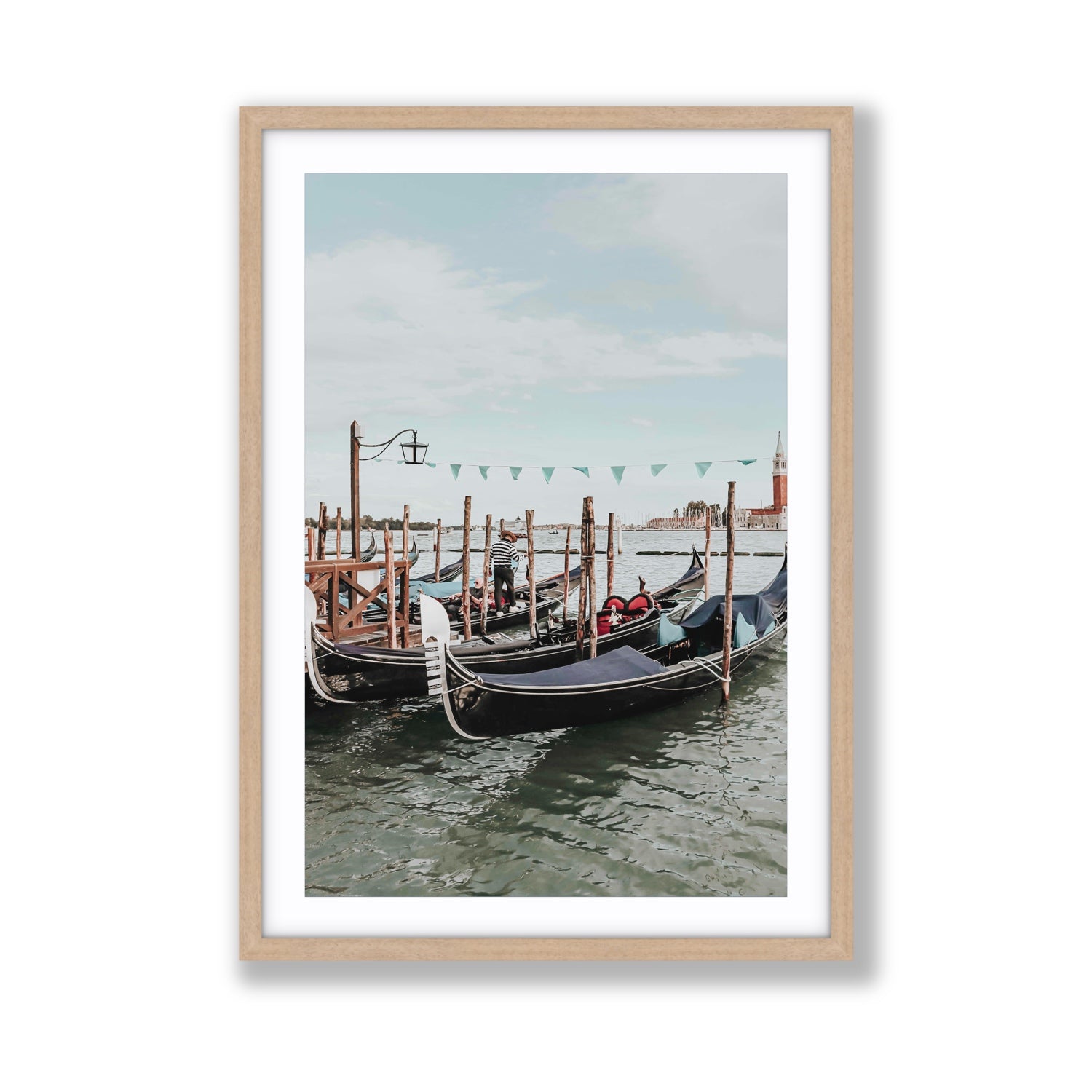 The Gondolier Venice Gondola Italian wall art Giant fine art print in natural oak frame with matboard