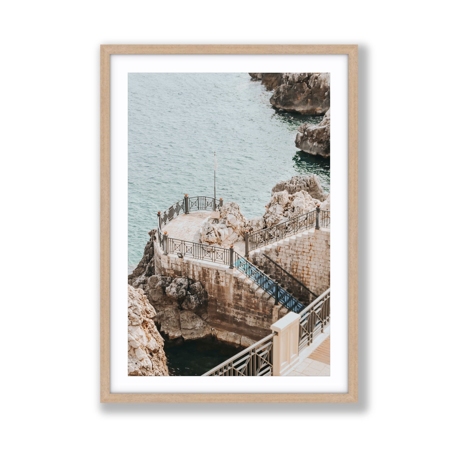 Tidal Staircase Puglia coastal Italian wall art Giant fine art print in natural oak frame with matboard