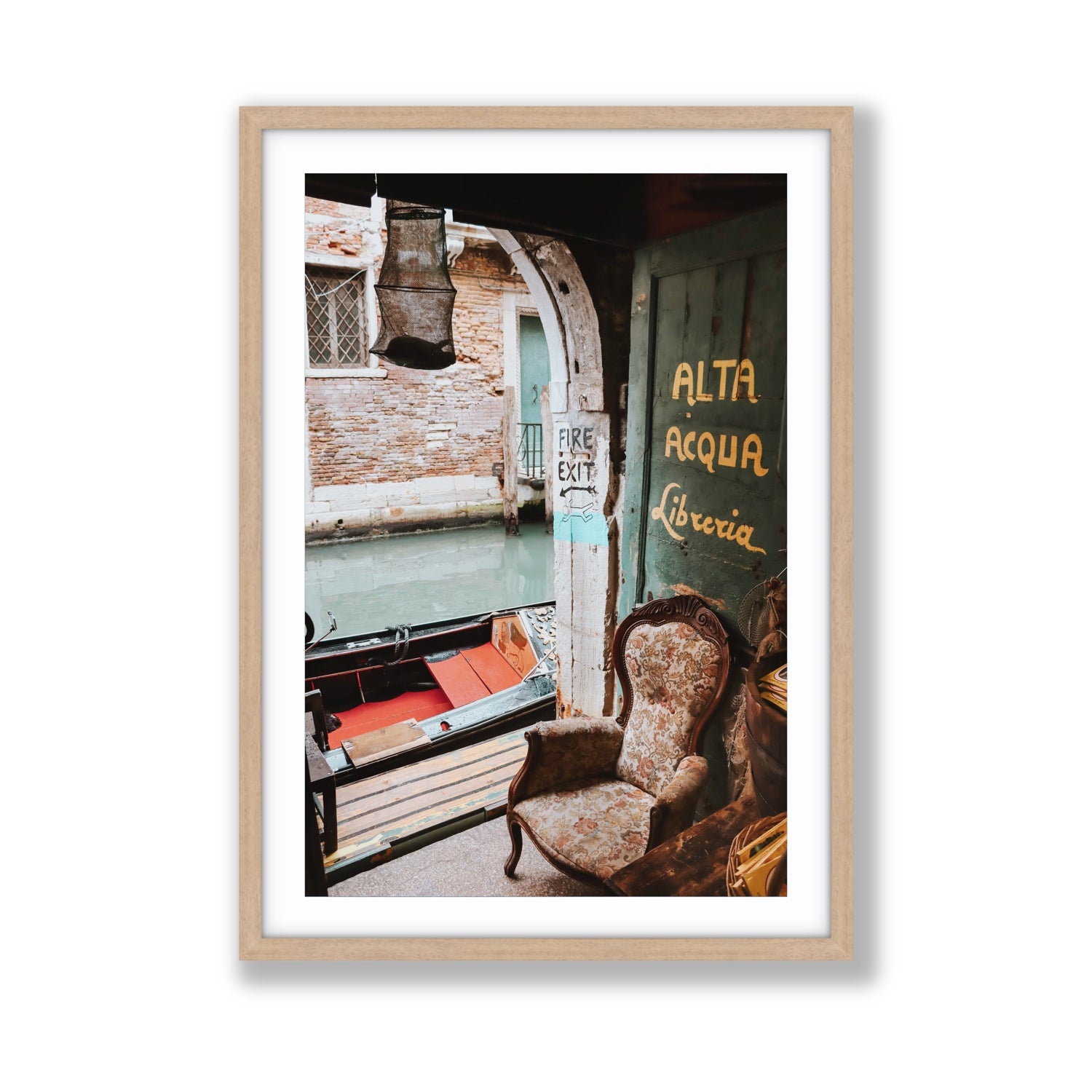 Alta Acqua Venice Bookstore wall art Giant fine art print in natural oak frame with matboard