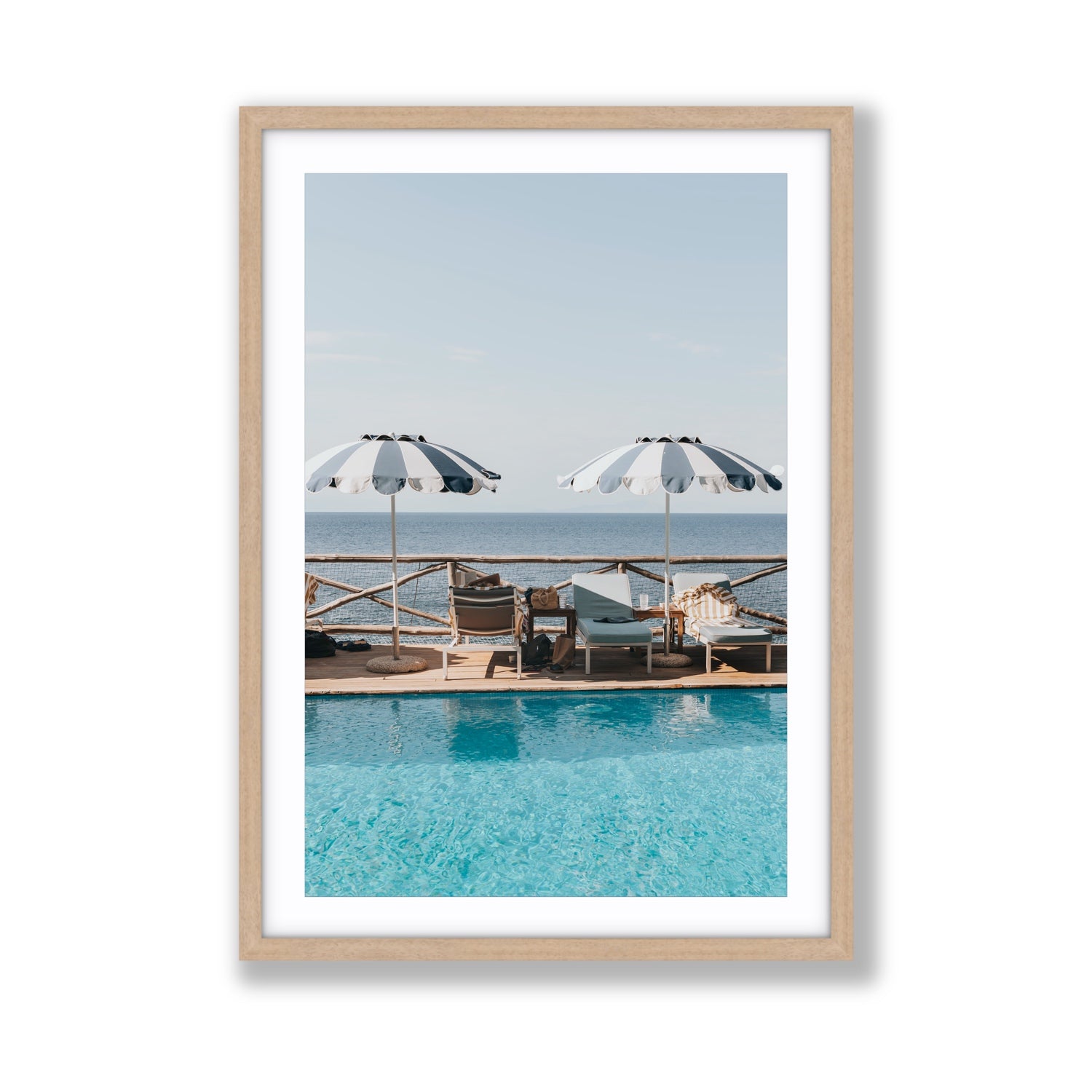 Beach Retreat fine art print, Ischia, Italy, european beach clubs artwork, Giant, Natural Oak Frame · Matboard, Fine Art Print