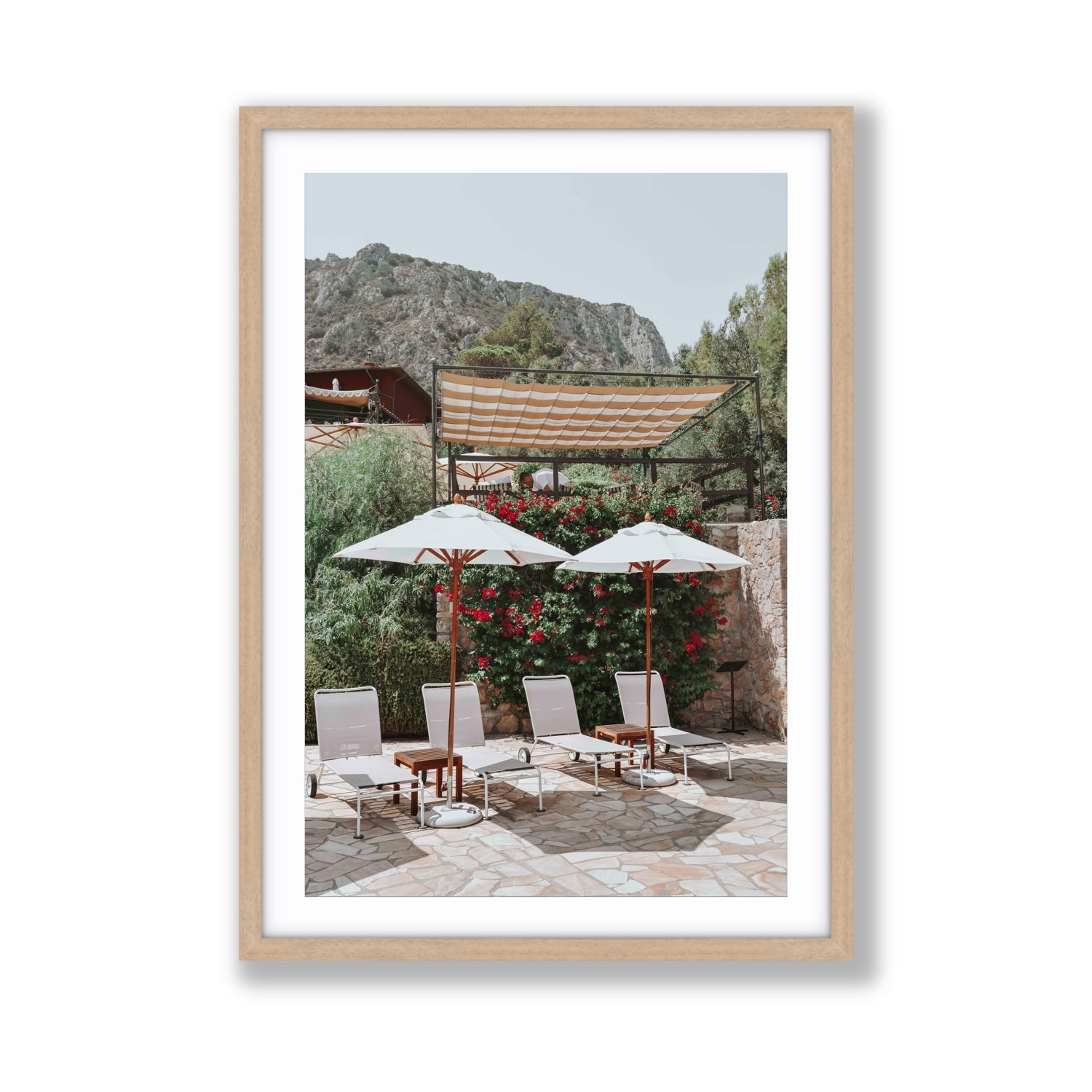 Shades of Leisure Tuscany coastal Italian wall art Giant fine art print in natural oak frame with matboard