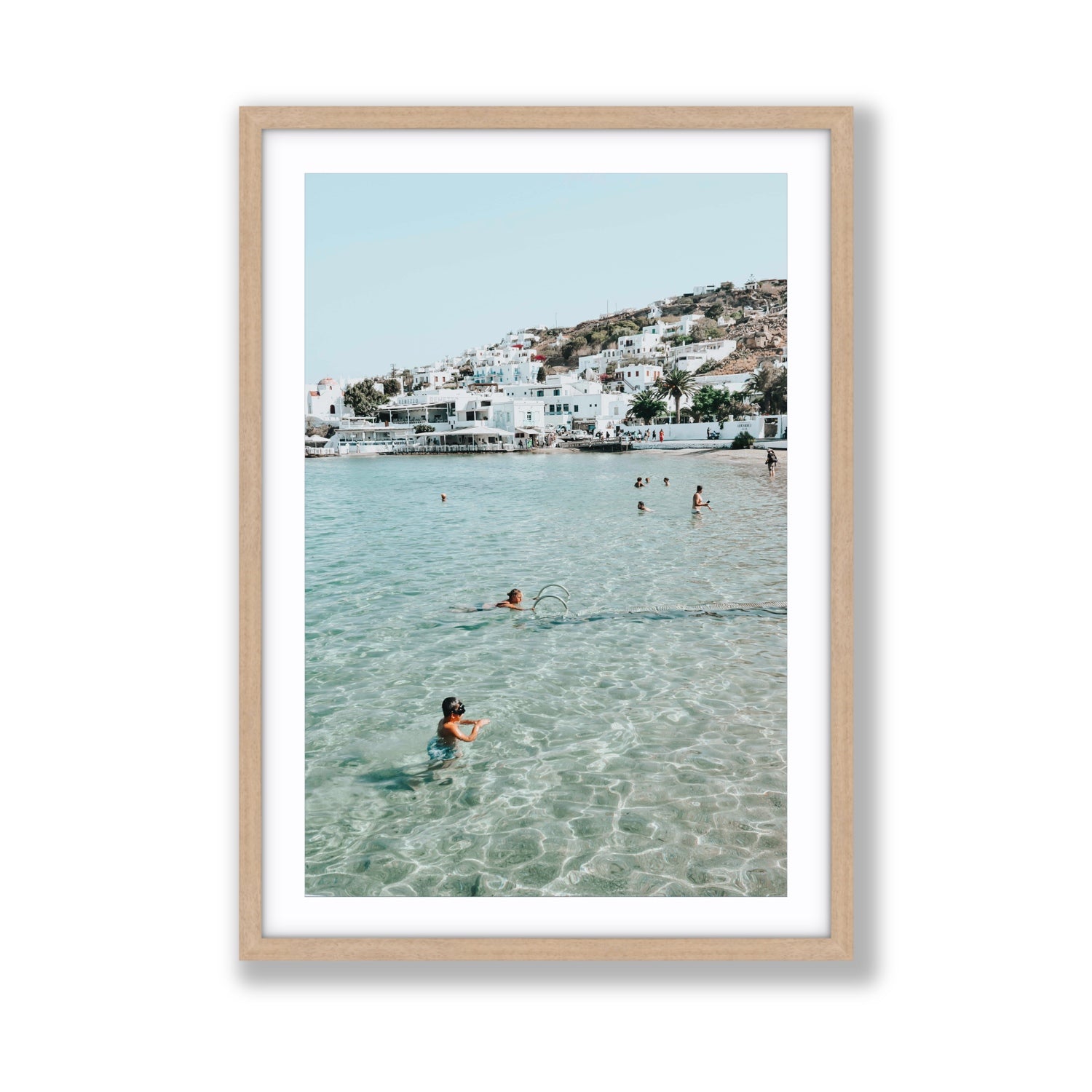 Beside The Seaside Mykonos beach Greek island wall art Giant fine art print in natural oak frame with matboard