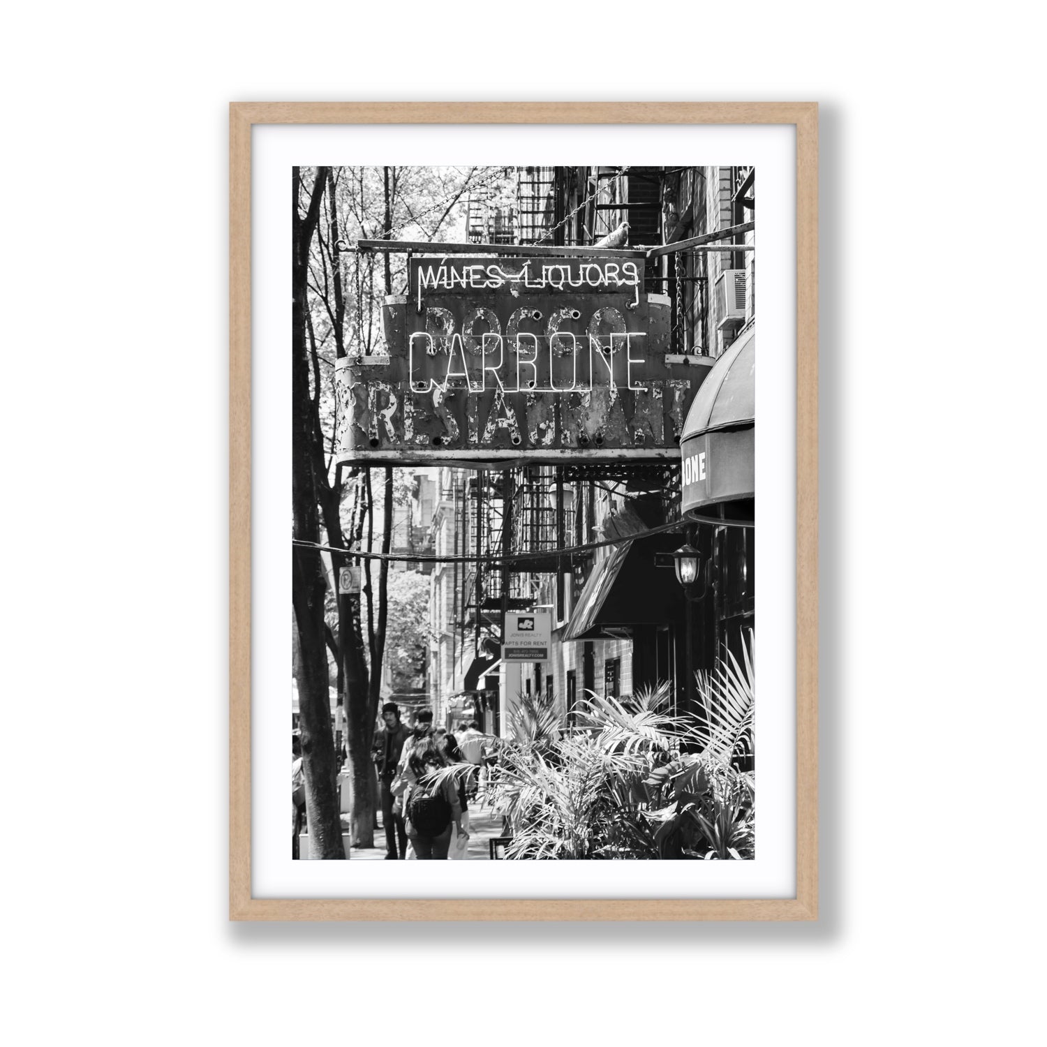 Paparazzi To Pasta New York NYC Black & White wall art Giant fine art print in natural oak frame with matboard