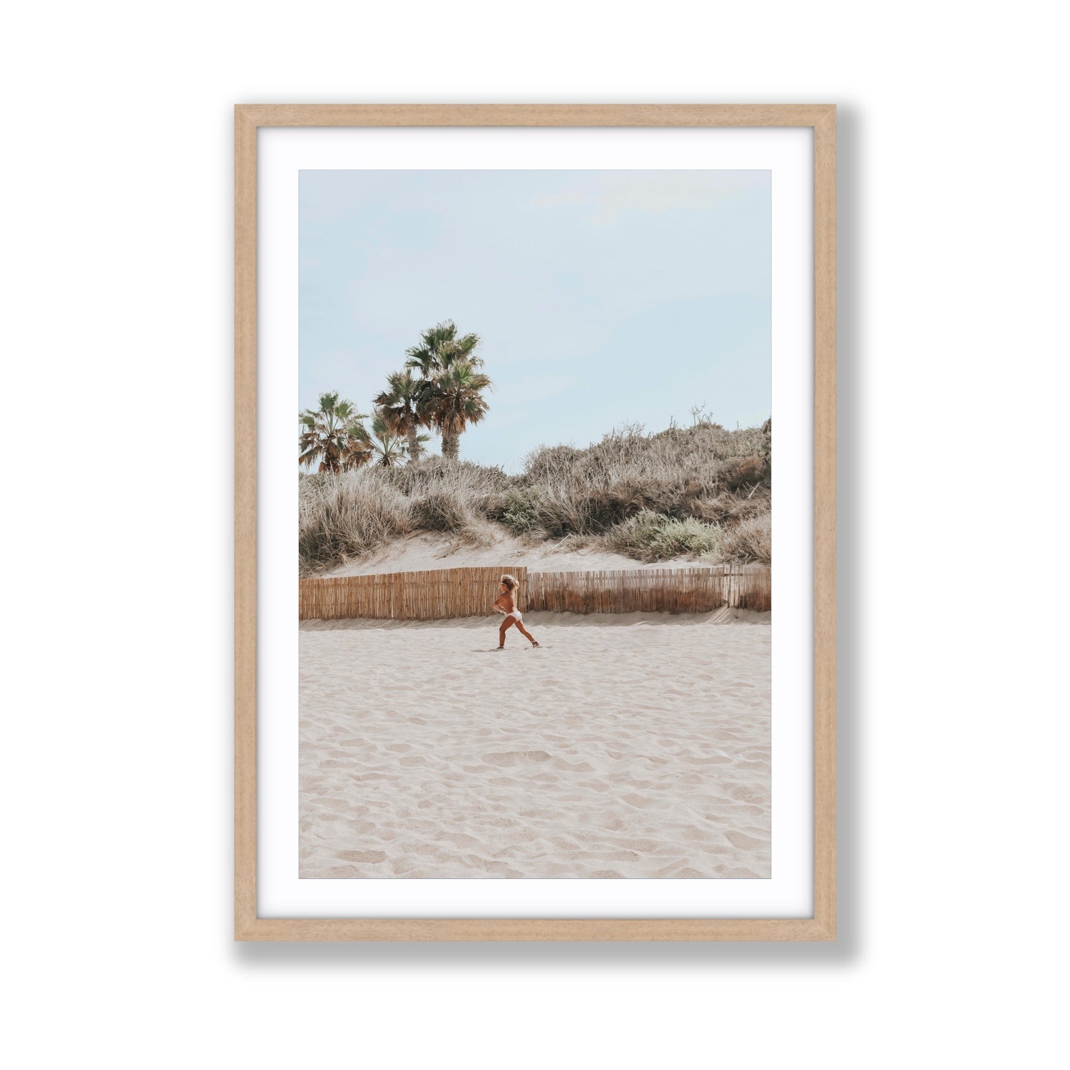 Joyful Sprint Puglia beach coastal fine art print Giant fine art print in natural oak frame with matboard