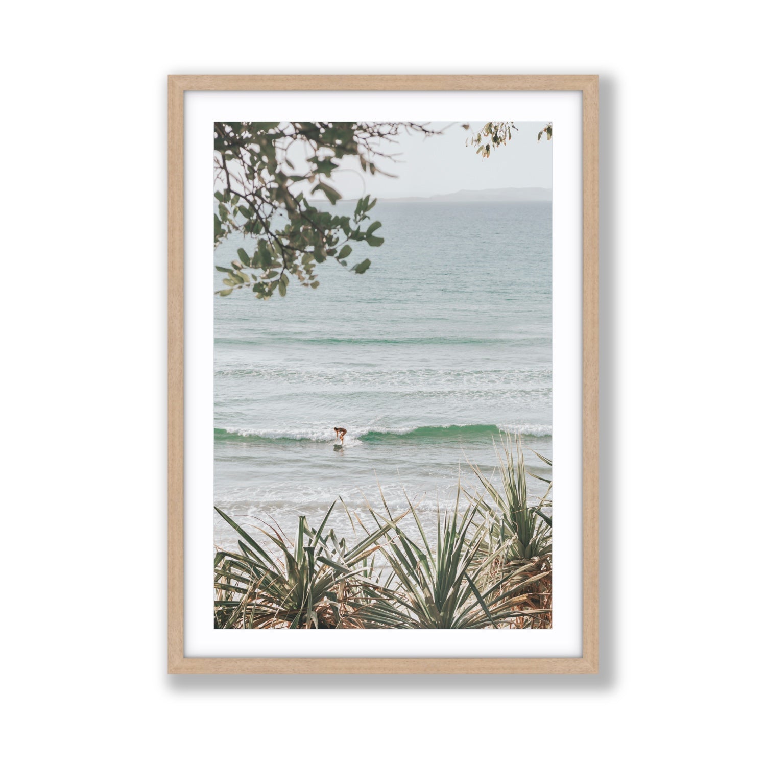 Dream Boat fine art print, Noosa, Australia, coastal scenes artwork, Giant, Natural Oak Frame · Matboard, Fine Art Print