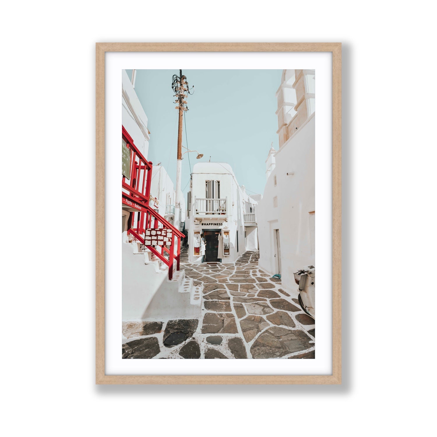 Happiness Mykonos Greek island wall art Giant fine art print in natural oak frame with matboard