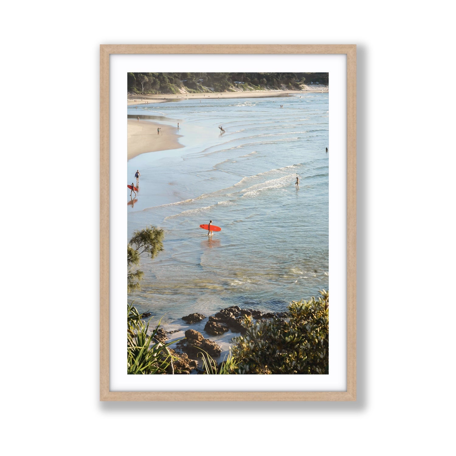 Seclusion Byron Bay Surf coastal wall art Giant fine art print in natural oak frame with matboard