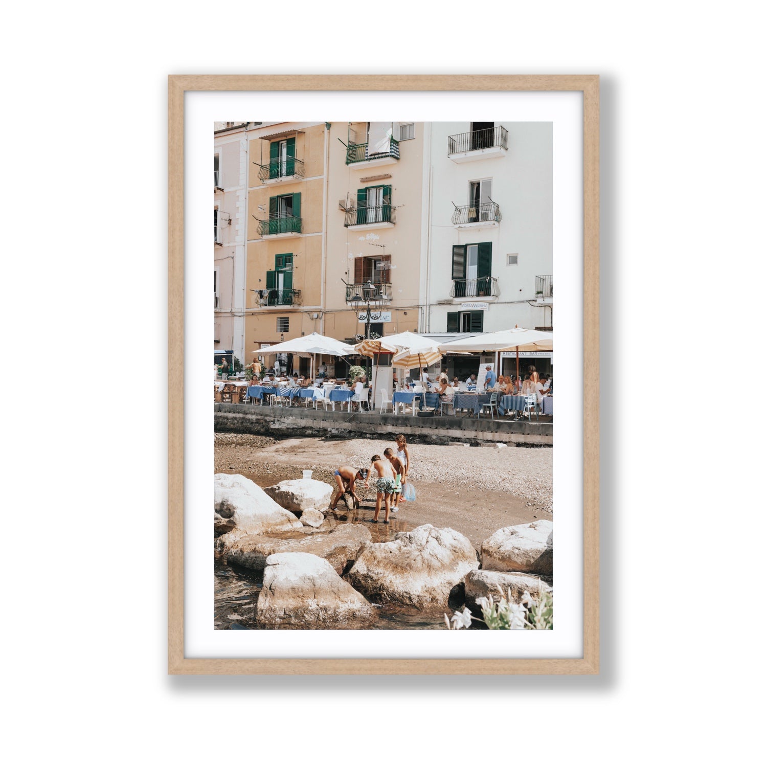 Sunny Playtime Sorrento coastal wall art Giant fine art print in natural oak frame with matboard