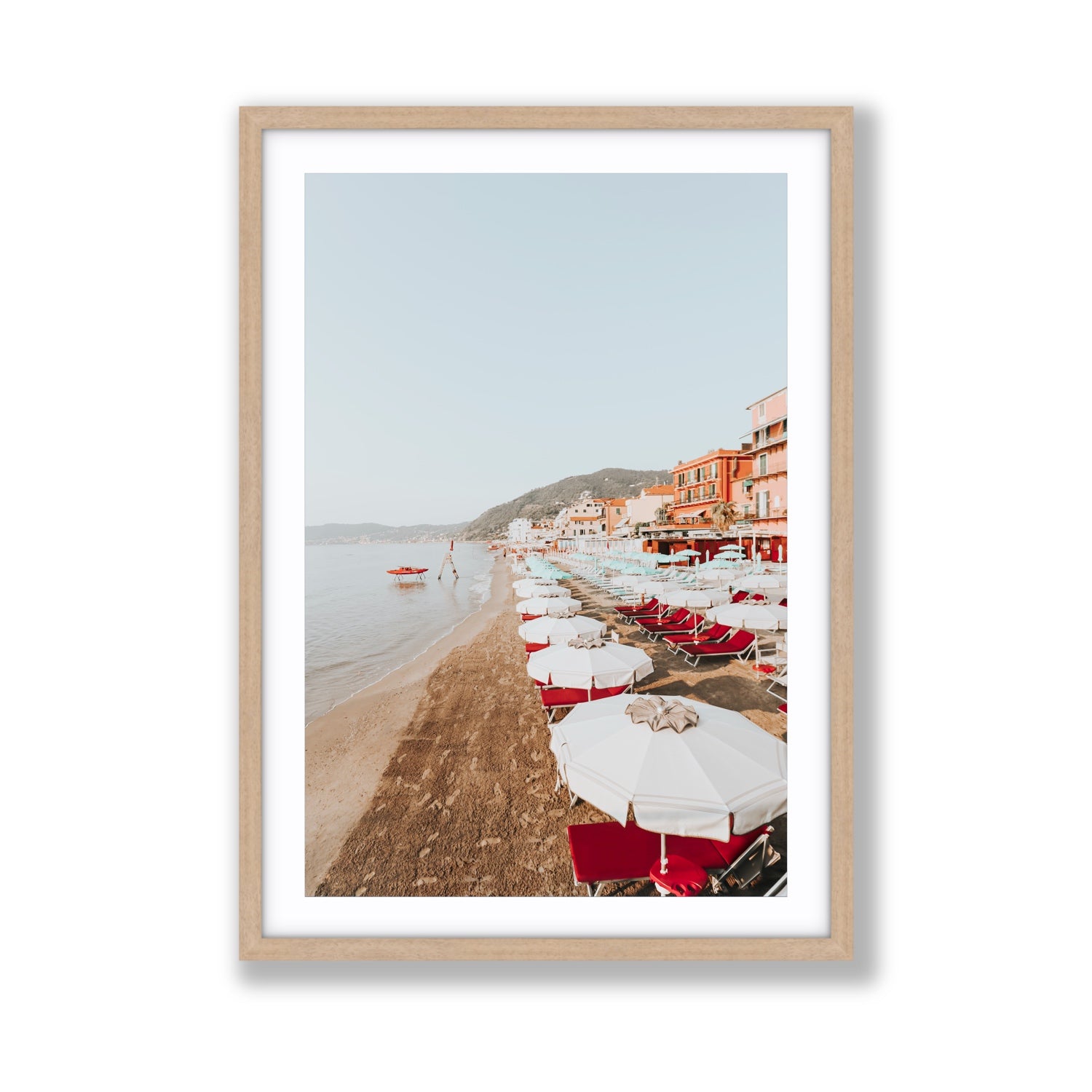 Italian Riviera fine art print, Alassio, Italy, coastal scenes artwork, Giant, Natural Oak Frame · Matboard, Fine Art Print