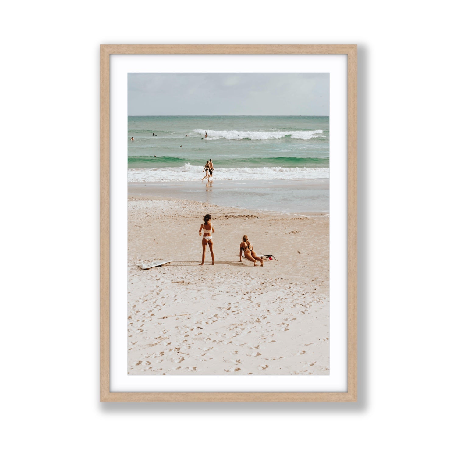 Gidget & Betty Byron Bay beach coastal wall art Giant fine art print in natural oak frame with matboard