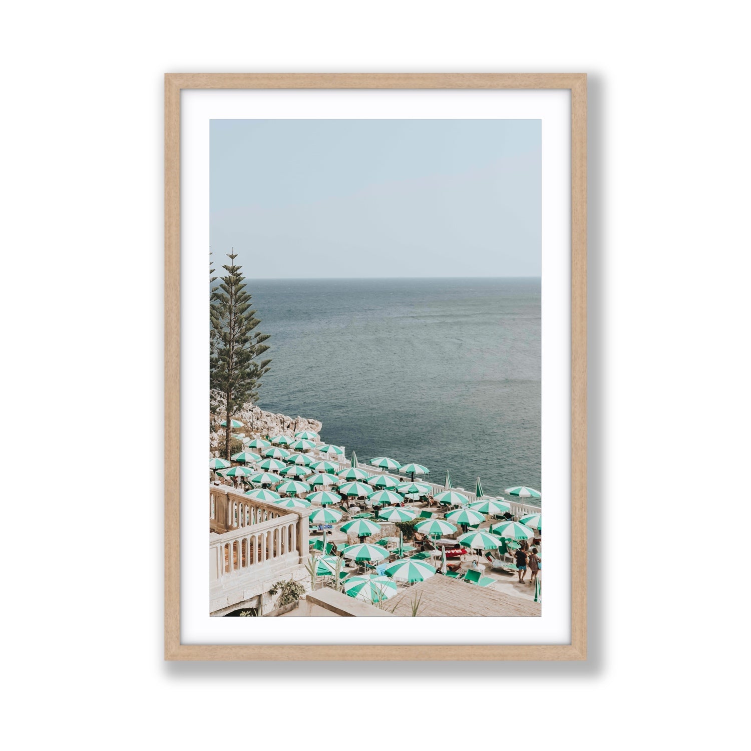 Sun-drenched Stripes Puglia beach coastal wall art Giant fine art print in natural oak frame with matboard