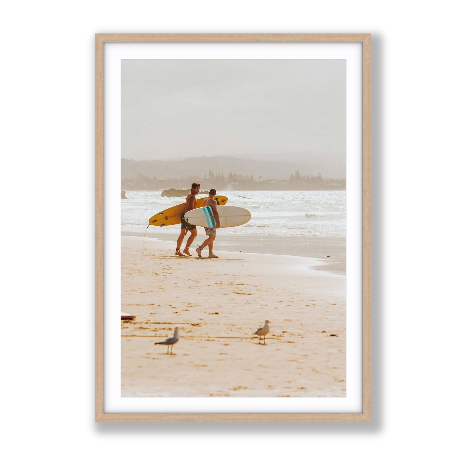 Shane & Benji Byron Bay Surf coastal wall art Gallery fine art print in natural oak frame with matboard