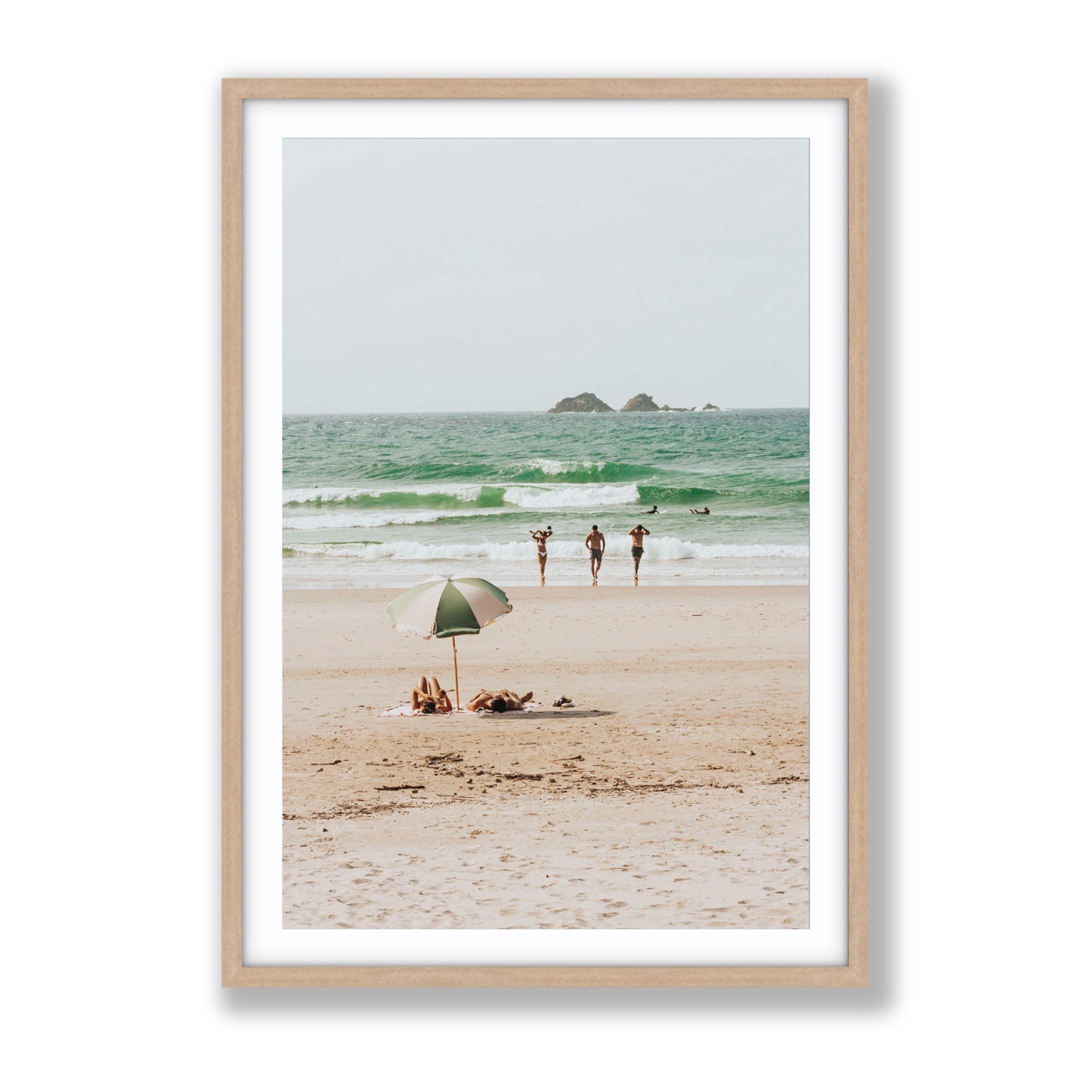 Escape The Ordinary Byron Bay coastal decor wall art Gallery fine art print in natural oak frame with matboard