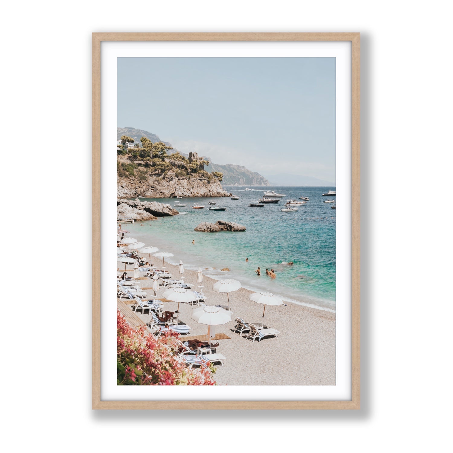 Seaview Refuge Amalfi coastal wall art gallery fine art print in natural oak frame with matboard