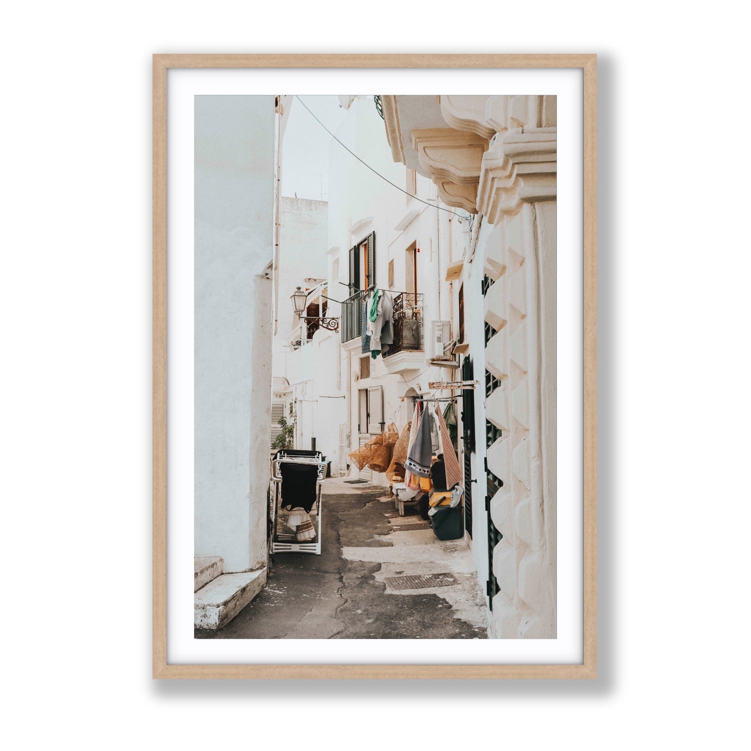 Hanging Harmony Puglia Italian wall art Gallery fine art print in natural oak frame with matboard