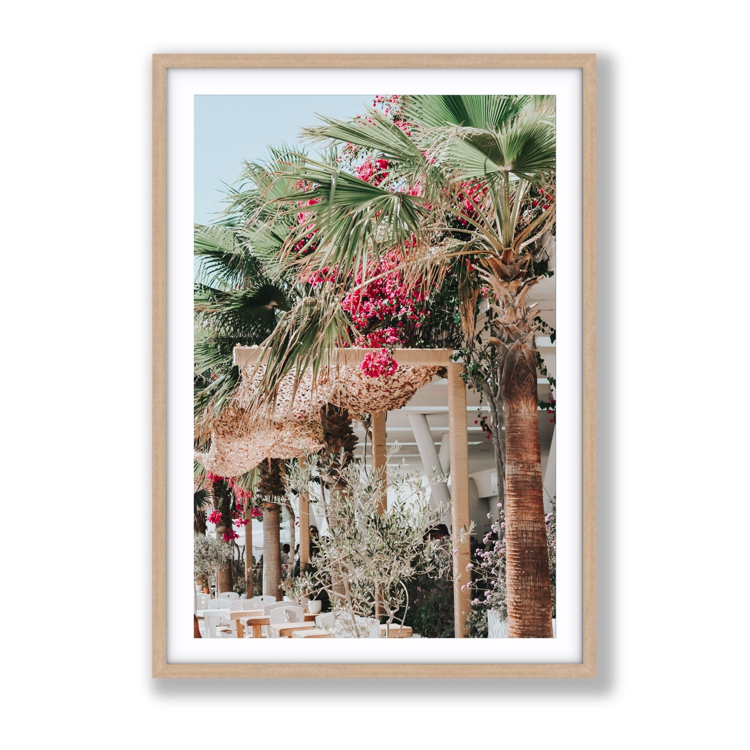 Palm Trees Mykonos Greek island wall art Gallery fine art print in natural oak frame with matboard
