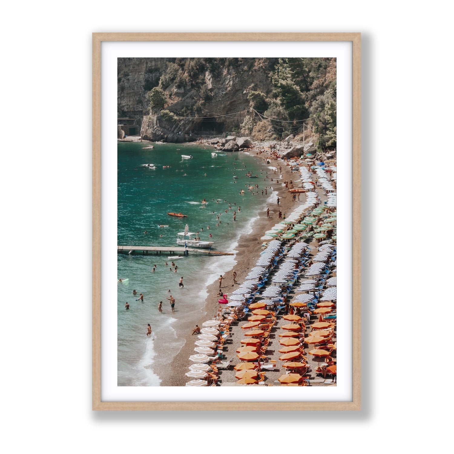 Ocean's Playground Positano decor wall art Gallery fine art print in natural oak frame with matboard