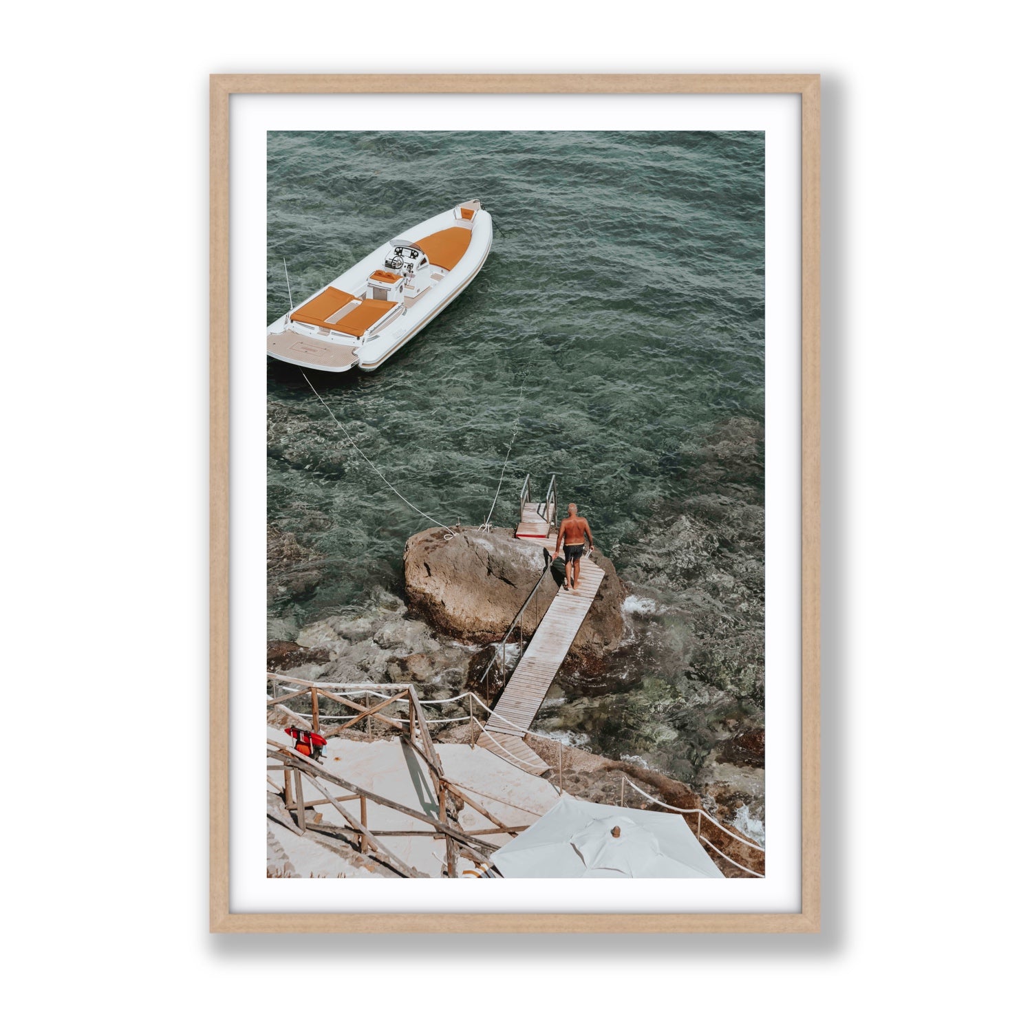 Secret Cove Tuscany coastal Italian wall art Gallery fine art print in natural oak frame with matboard