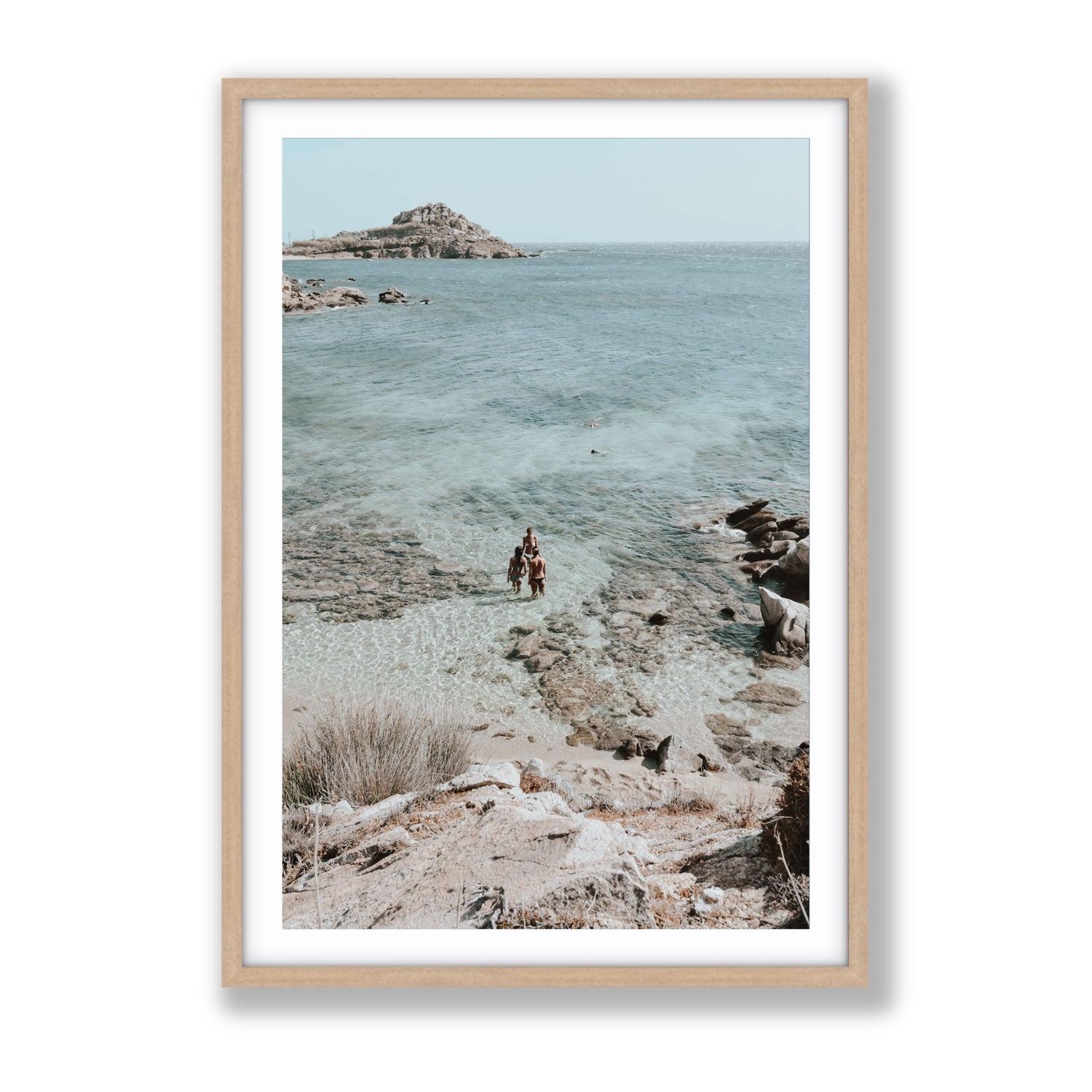 Island Life Mykonos coastal Greek island wall art Gallery fine art print in natural oak frame with matboard