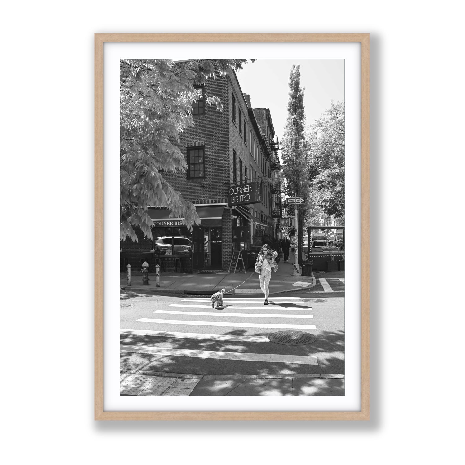 Sunlit Stroll New York NYC Black & White wall art Gallery fine art print in natural oak frame with matboard