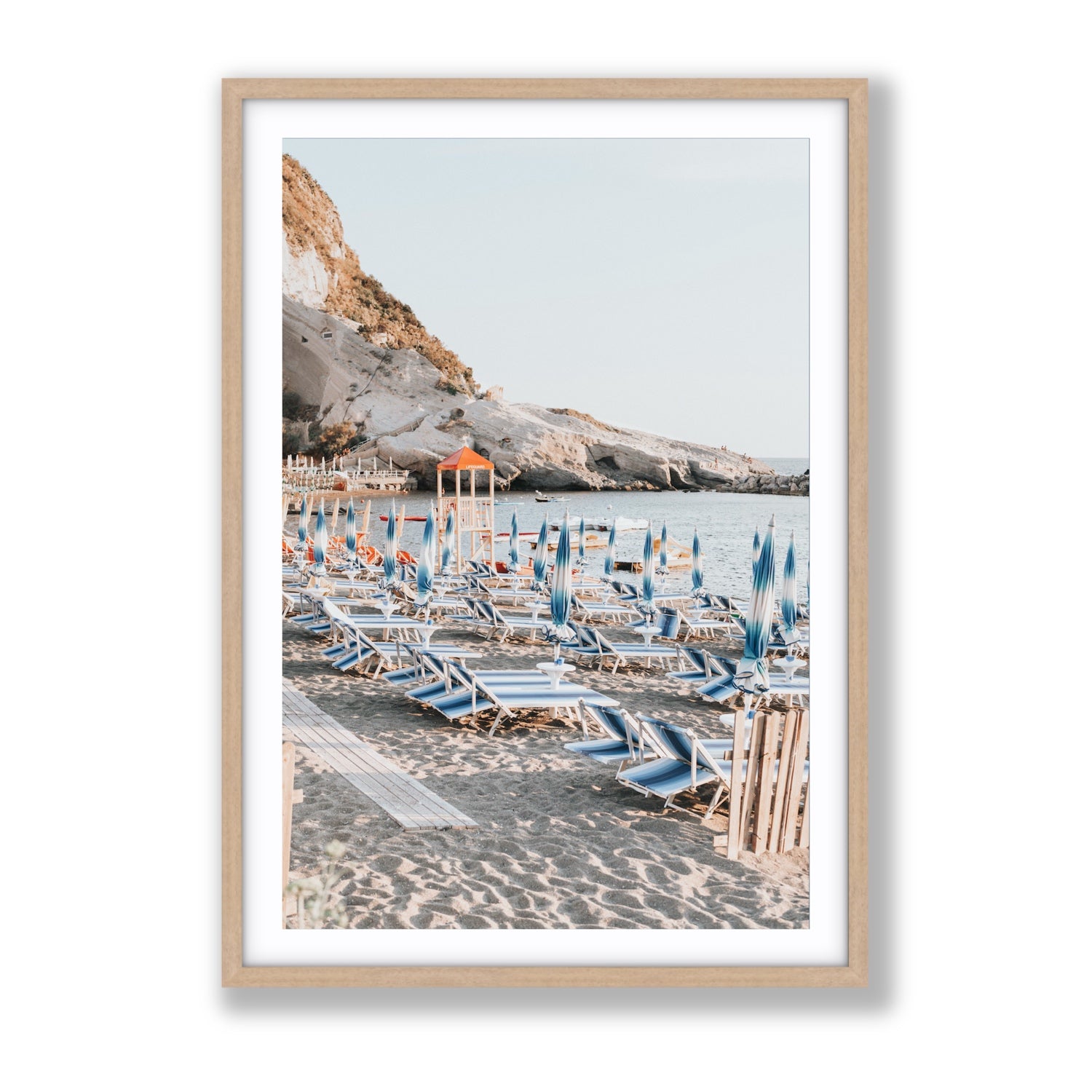 The Golden Hour Ischia Italian coastal wall art Gallery fine art print in natural oak frame with matboard