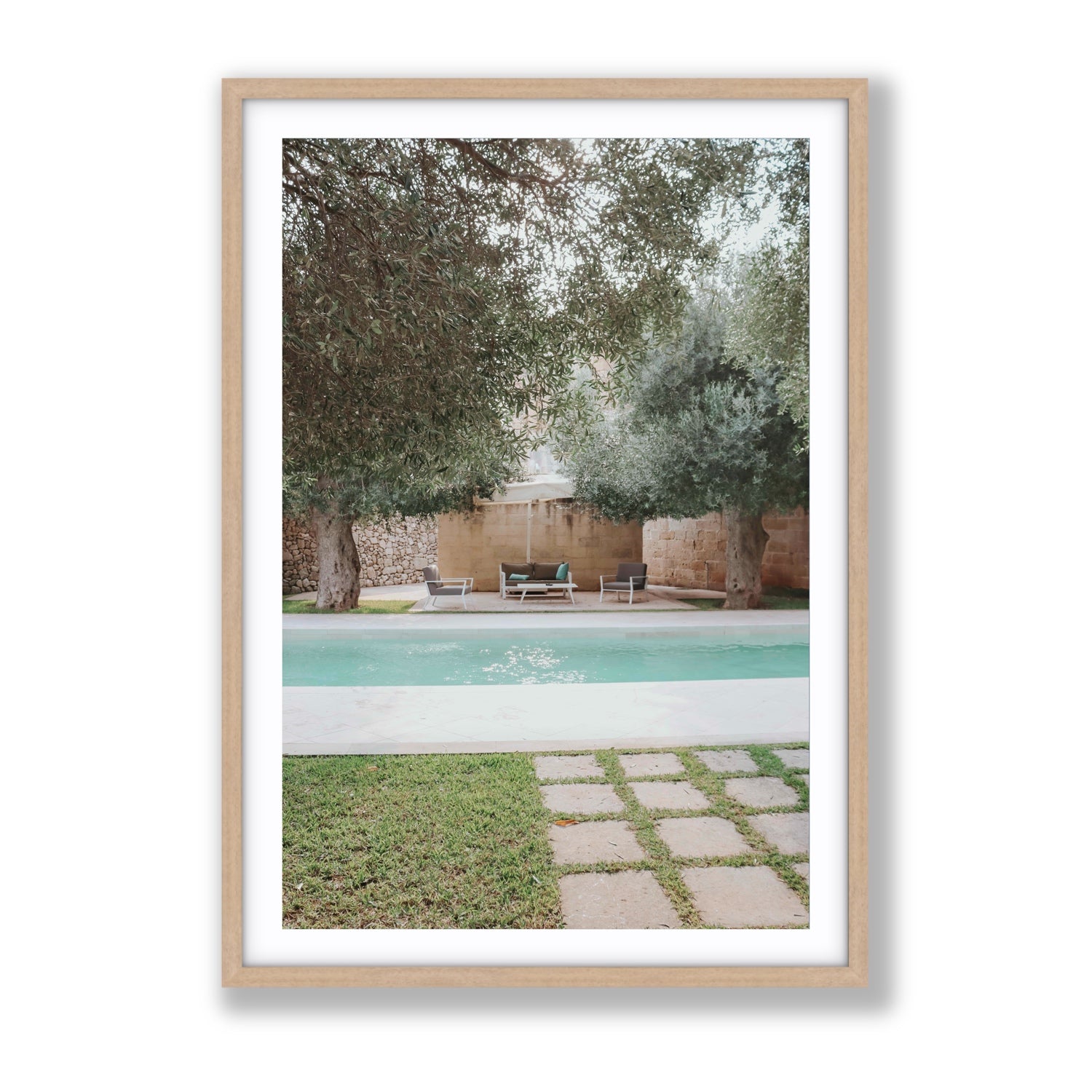 Idyllic Escape Puglia Mediterranean wall art Gallery fine art print in natural oak frame with matboard