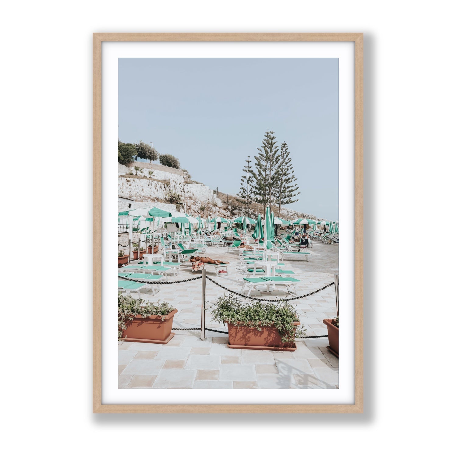 Siesta on The Terrace Puglia coastal wall art Gallery fine art print in natural oak frame with matboard