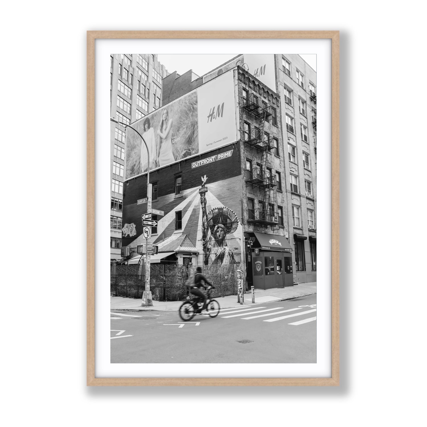 Shadows Of Liberty New York NYC Black & White wall art Gallery fine art print in natural oak frame with matboard