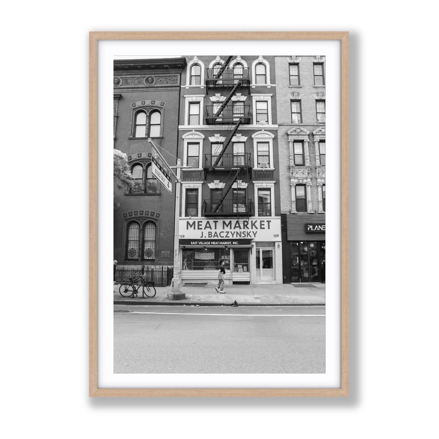 Vertical Village New York NYC Black & White wall art Gallery fine art print in natural oak frame with matboard
