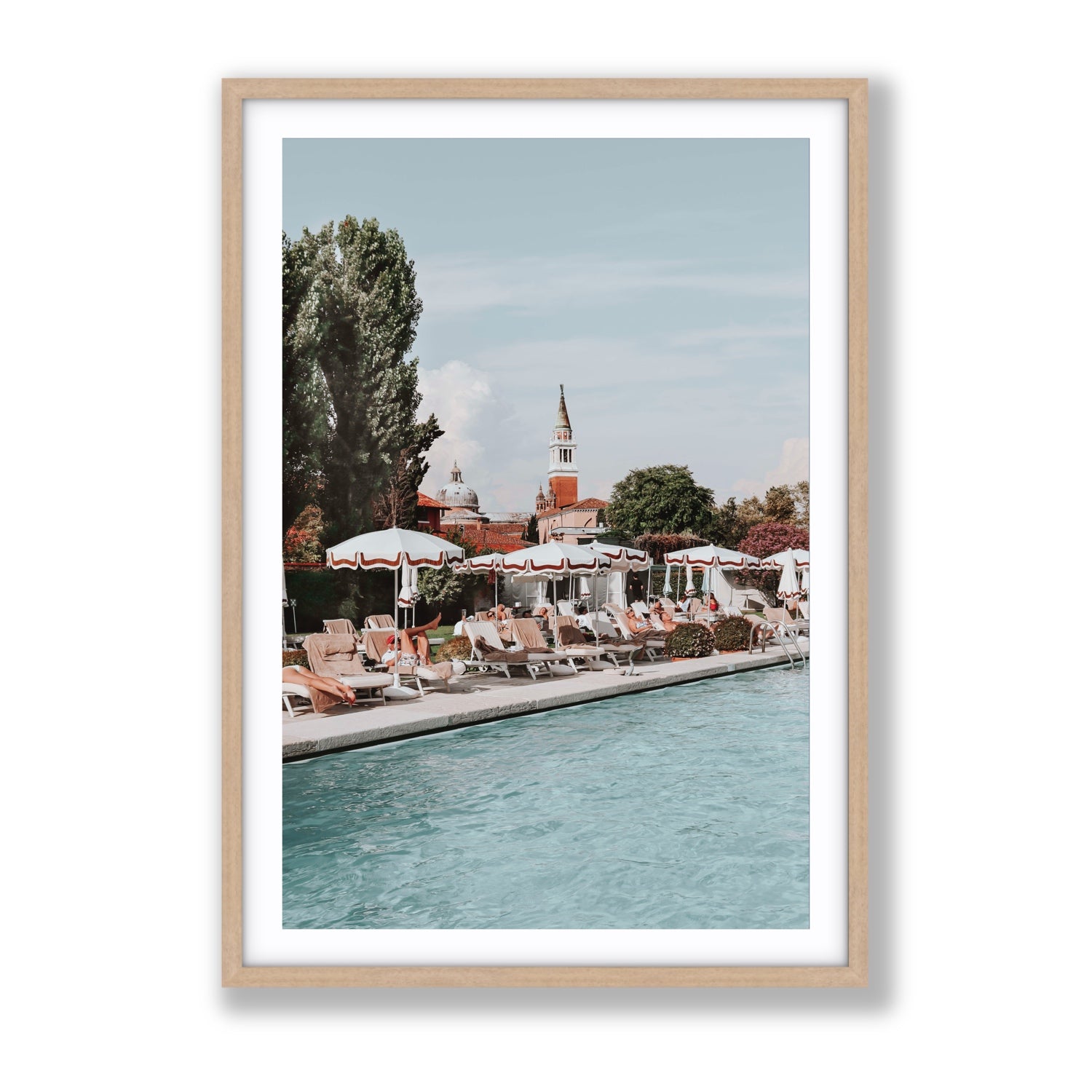 Poolside Perch Venice Italian wall art Gallery fine art print in natural oak frame with matboard