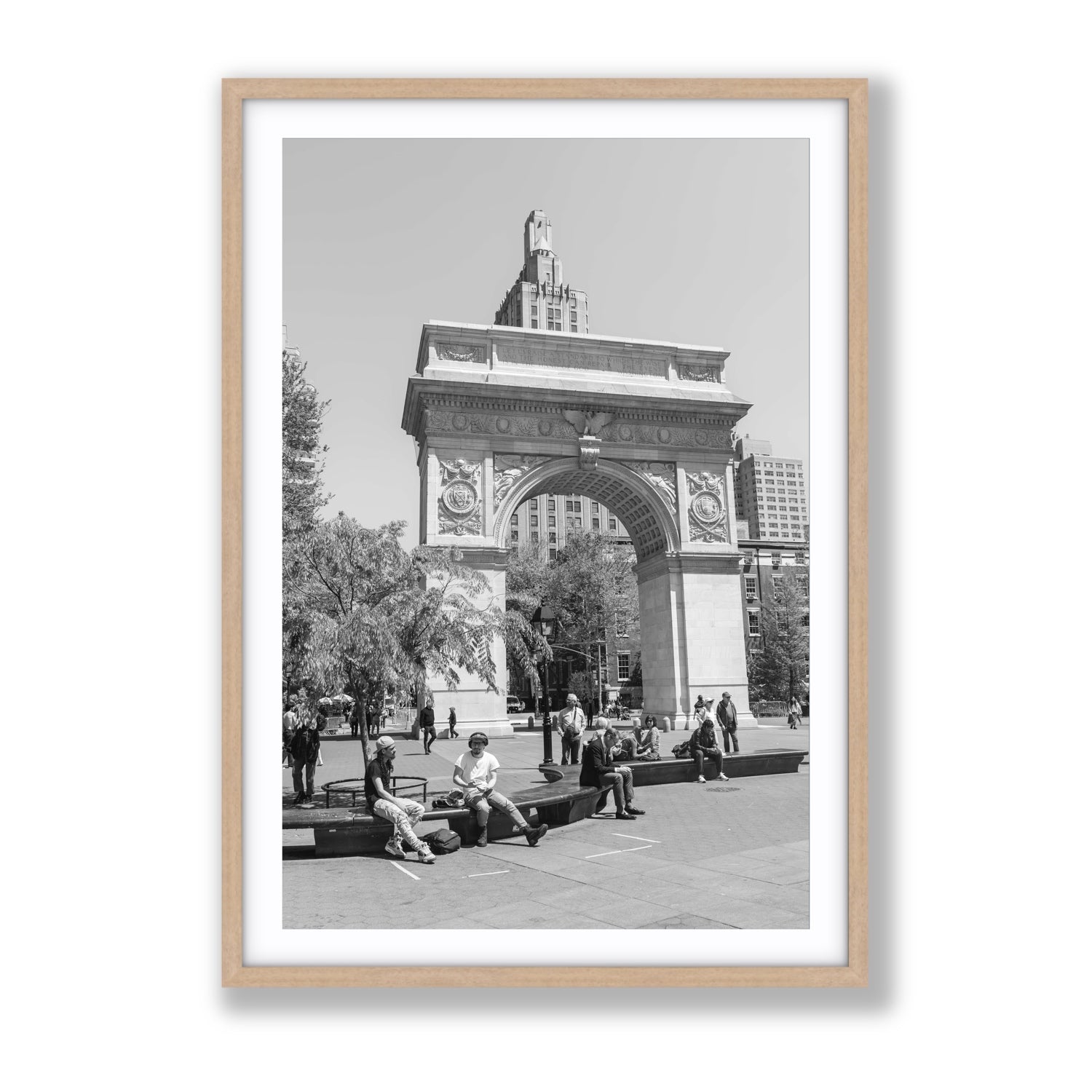 City Picnic New York NYC Black & White wall art Gallery fine art print in natural oak frame with matboard