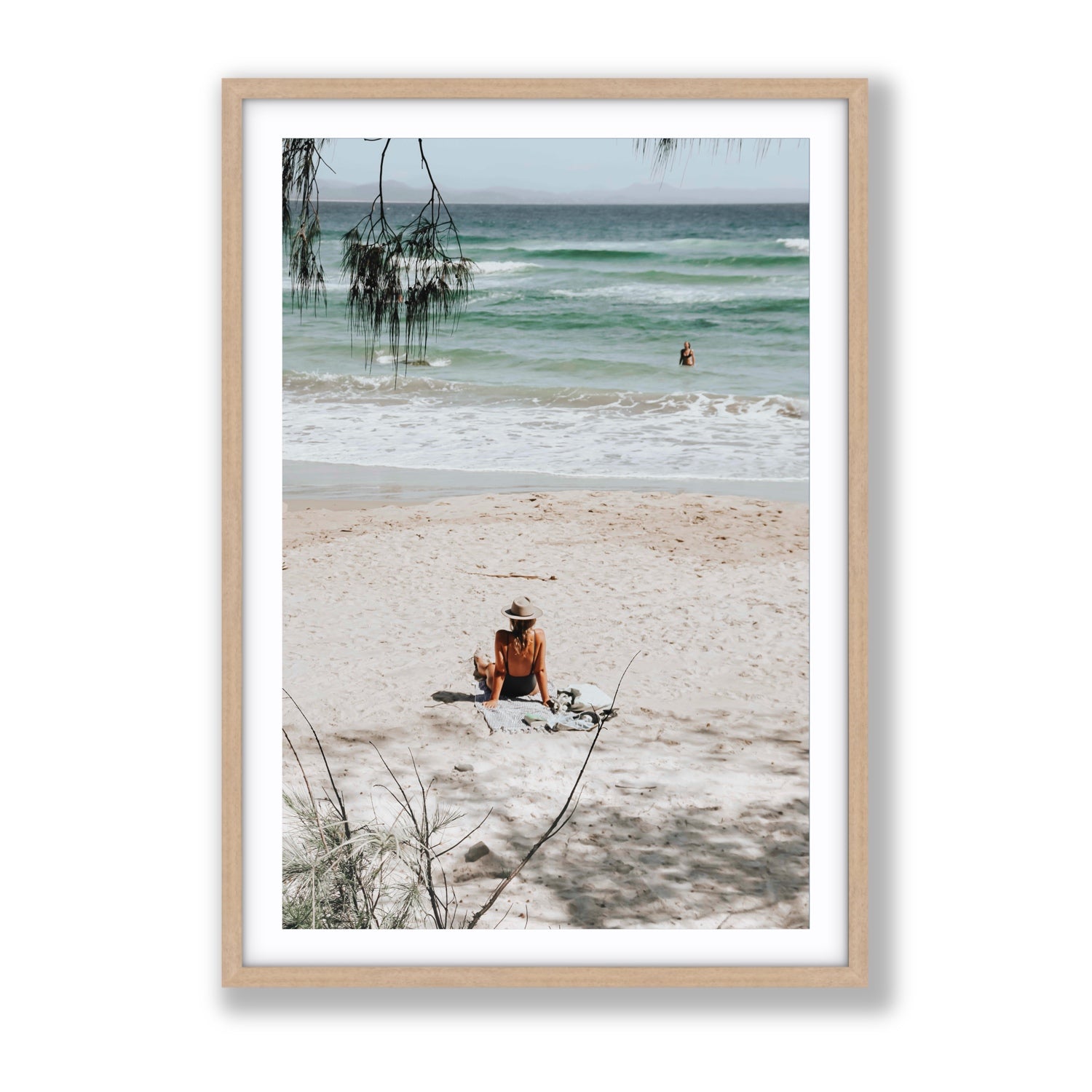 Take It Easy Byron Bay beach coastal decor wall art Gallery fine art print in natural oak frame with matboard
