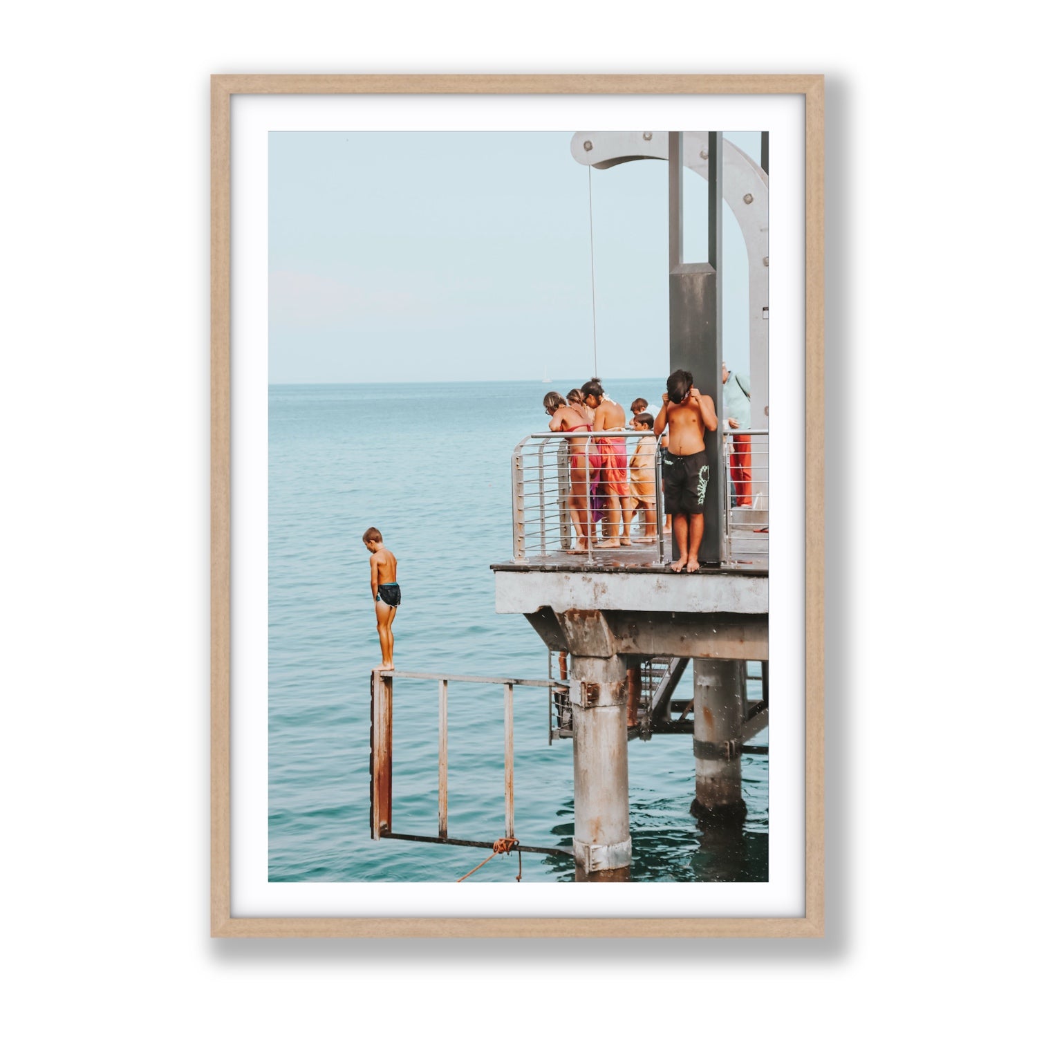 Golden Boy Alassio coastal decor wall art Gallery fine art print in natural oak frame with matboard