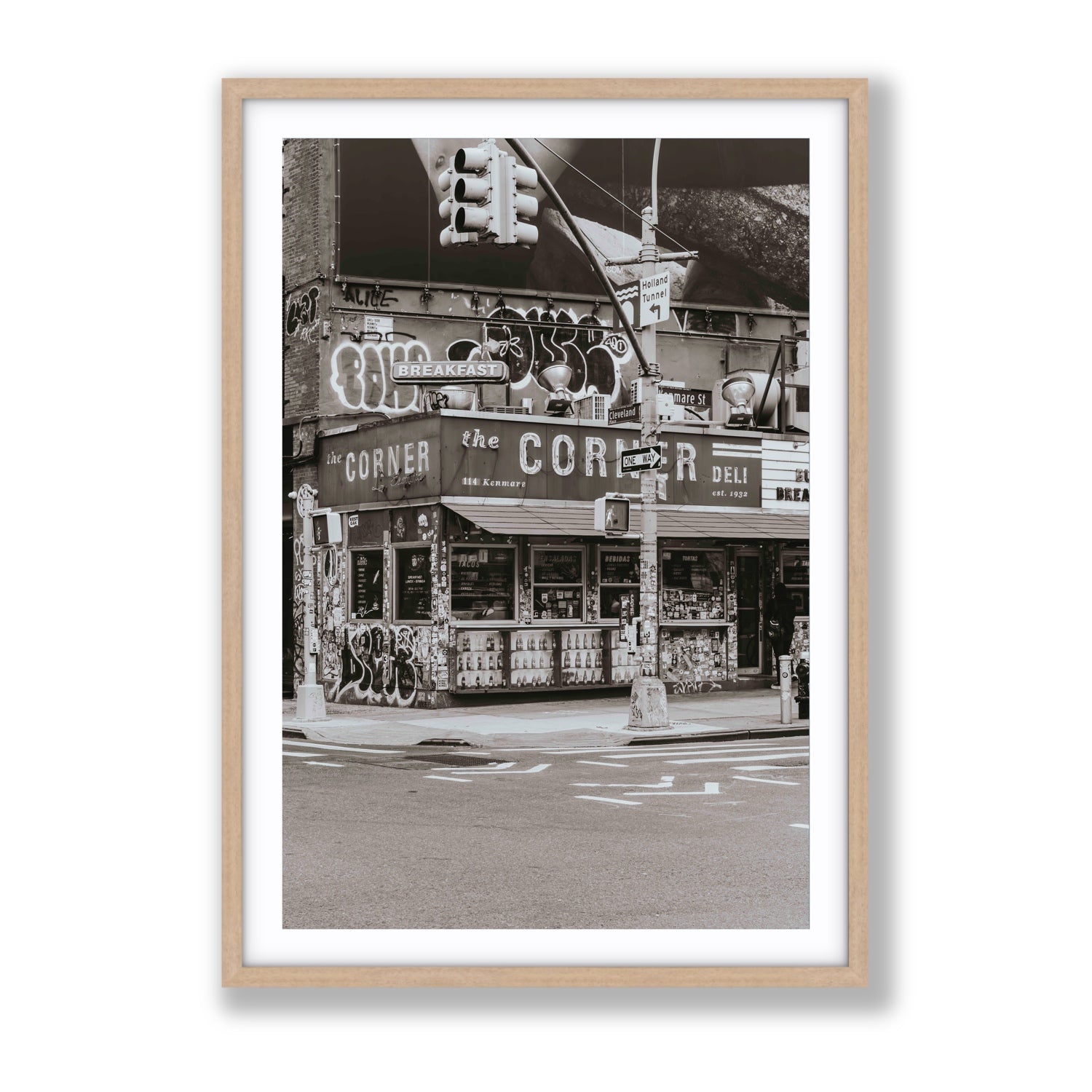 Soho Deli New York NYC Black & White wall art Gallery fine art print in natural oak frame with matboard