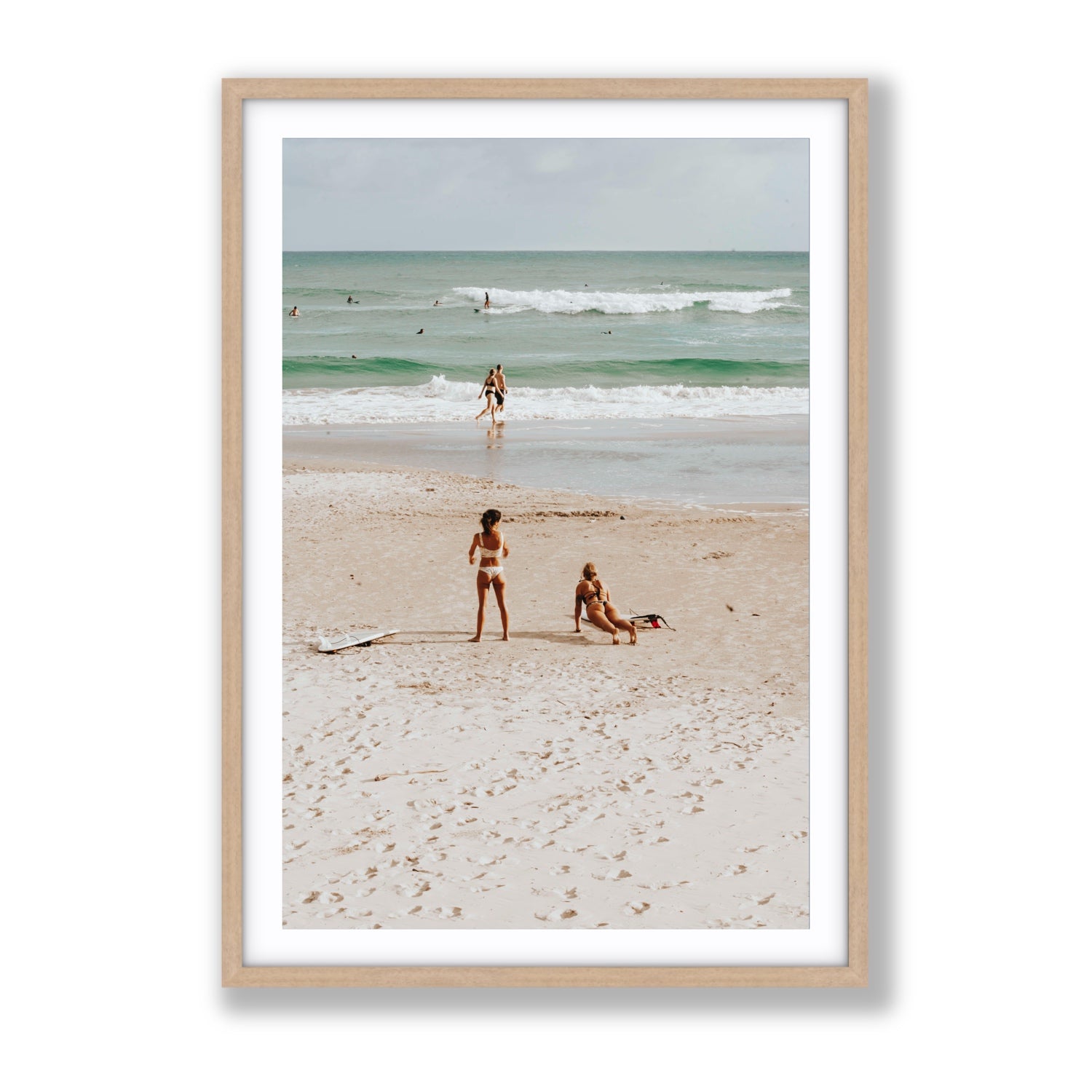 Gidget & Betty Byron Bay beach coastal wall art Gallery fine art print in natural oak frame with matboard
