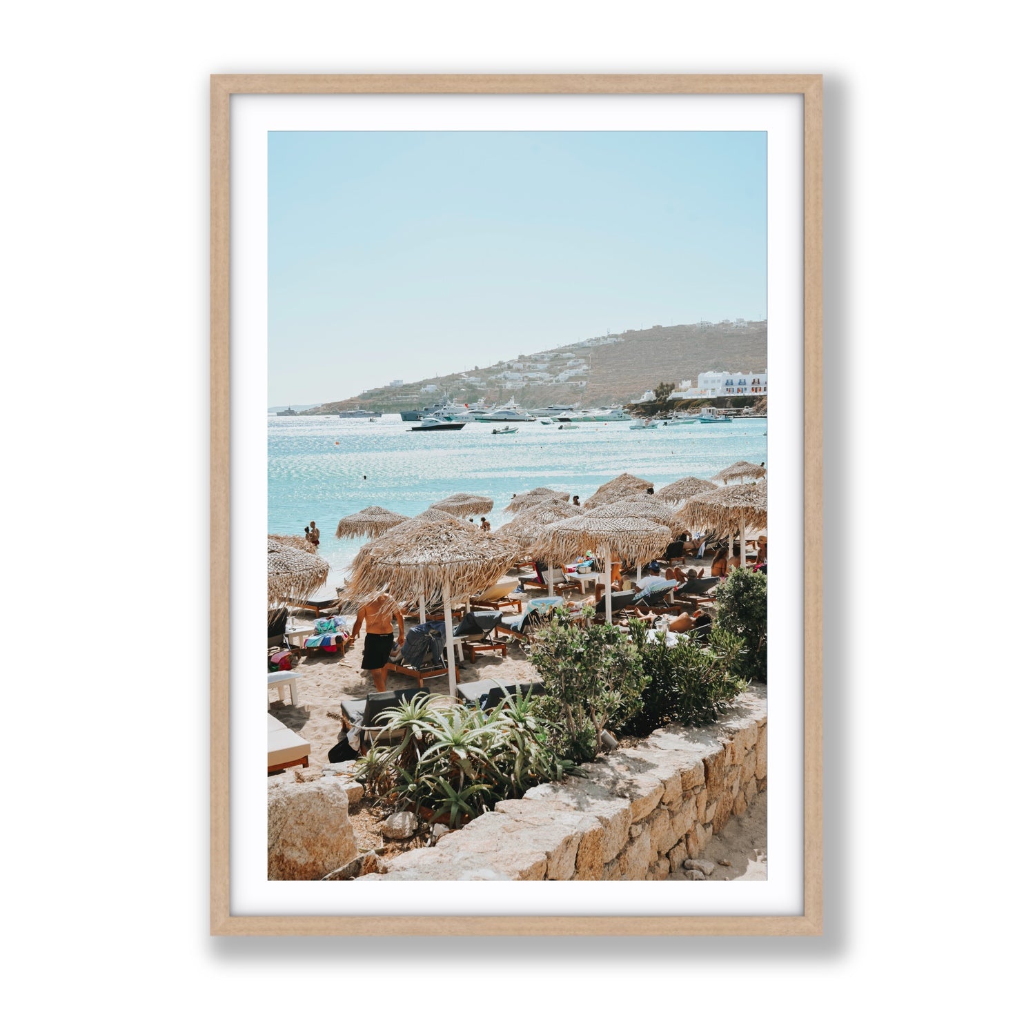 Beachside Huts Mykonos Greek island wall art Gallery fine art print in natural oak frame with matboard