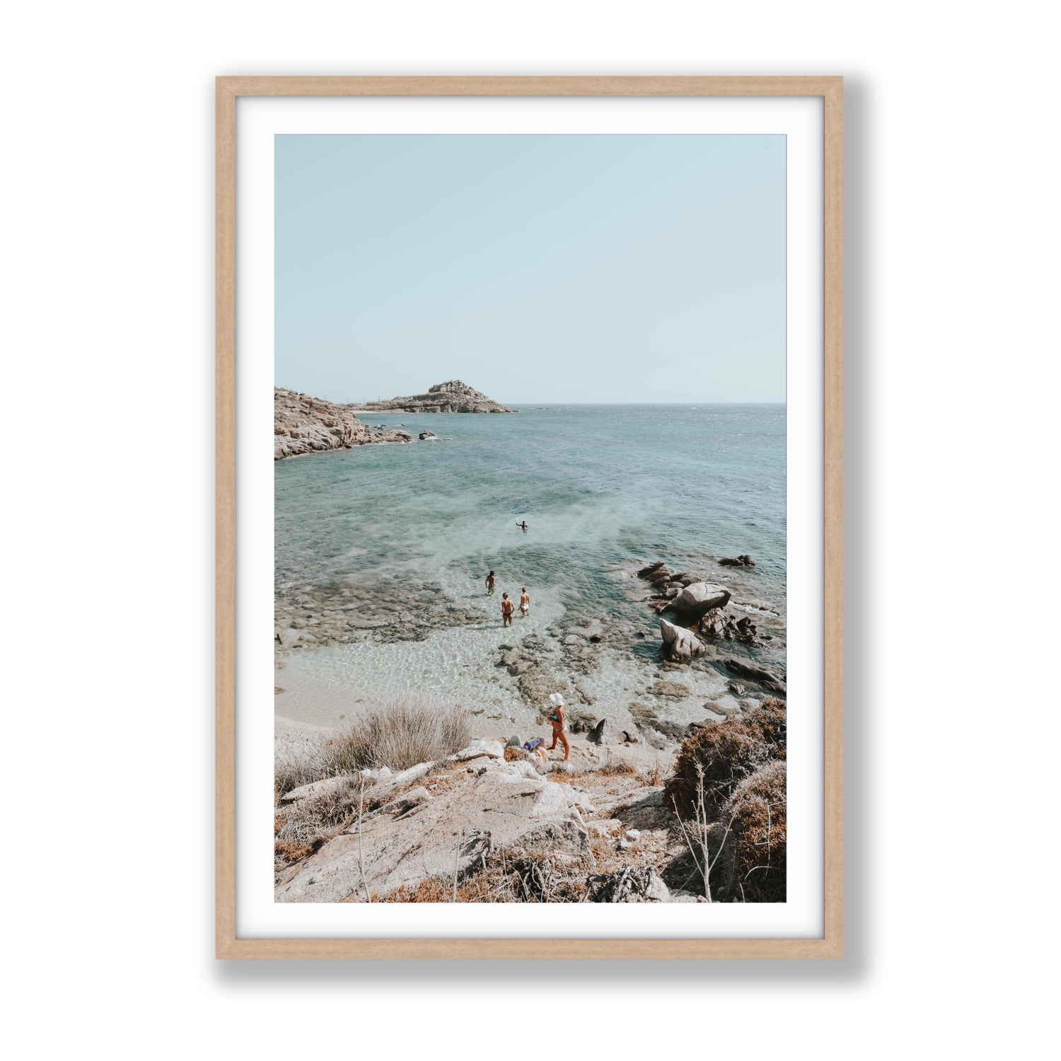 Explorers Mykonos Greek island wall art Gallery fine art print in natural oak frame with matboard