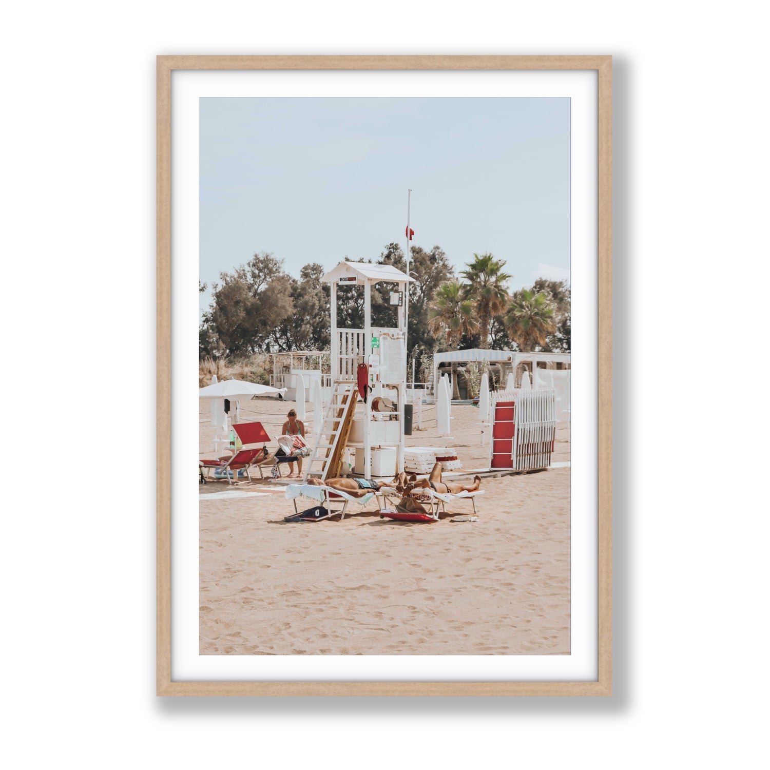 Red Lounge Reverie Puglia beach coastal wall art Gallery fine art print in natural oak frame with matboard
