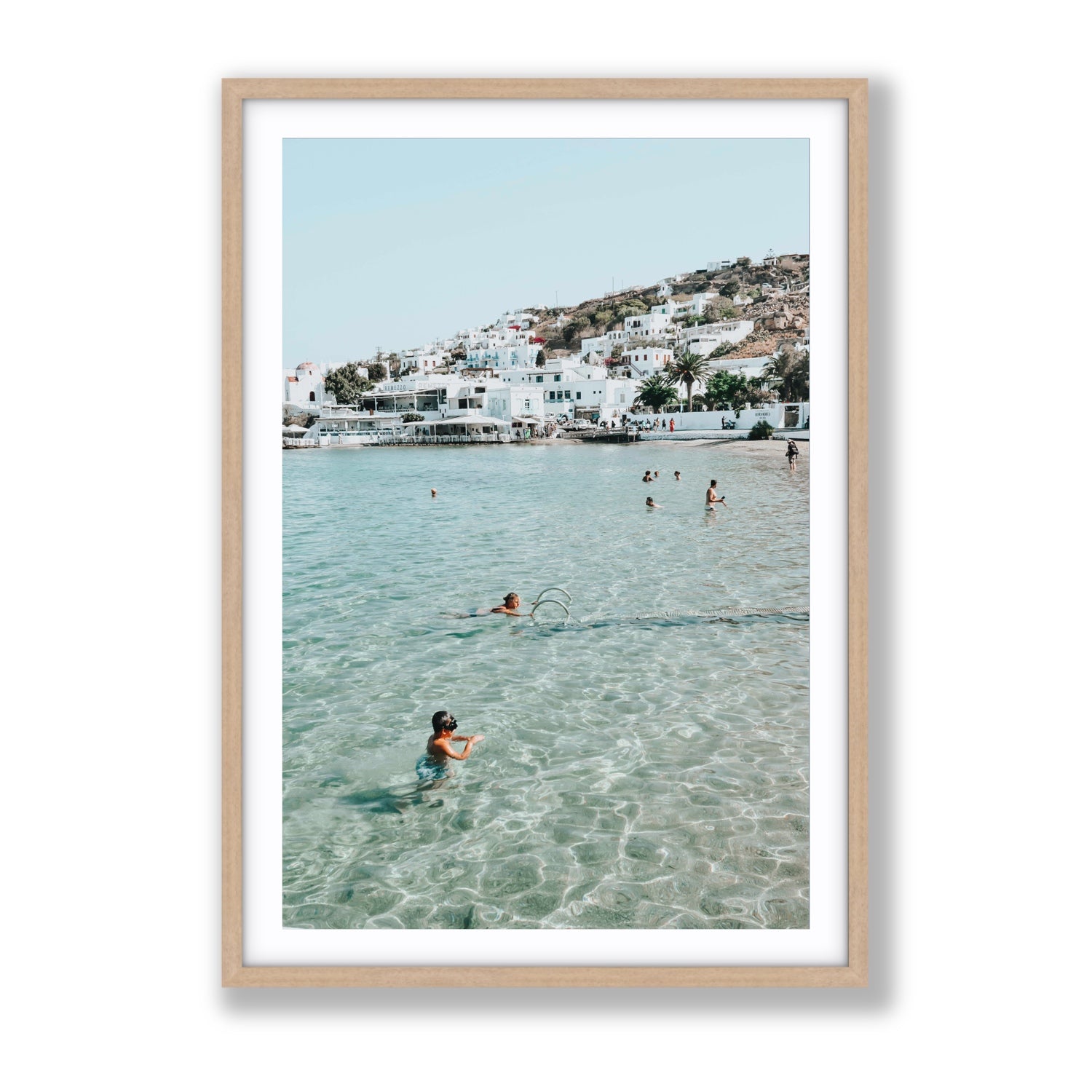 Beside The Seaside Mykonos beach Greek island wall art Gallery fine art print in natural oak frame with matboard