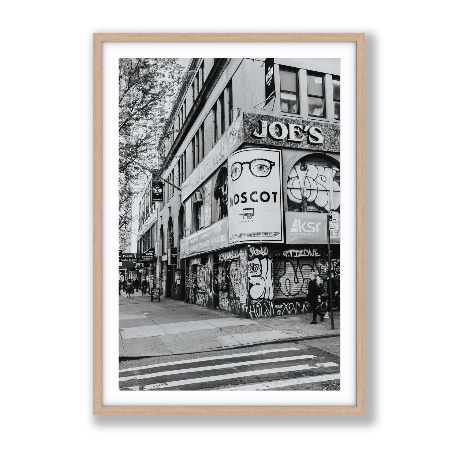 Lower East Side Murals New York NYC Black & White wall art Gallery fine art print in natural oak frame with matboard