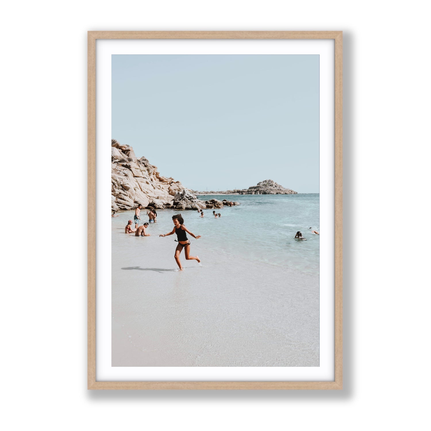 Skipping Angel Mykonos Greek island decor wall art Gallery fine art print in natural oak frame with matboard