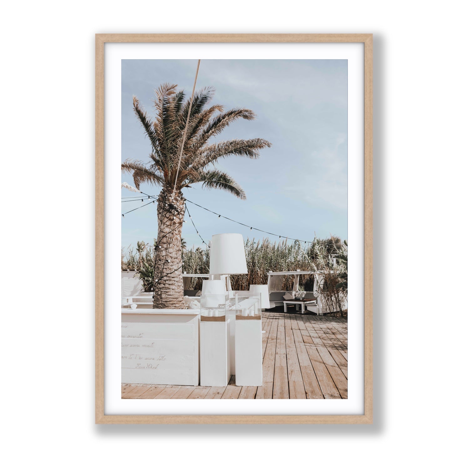 Seabreeze Palm Puglia coastal beach wall art Gallery fine art print in natural oak frame with matboard