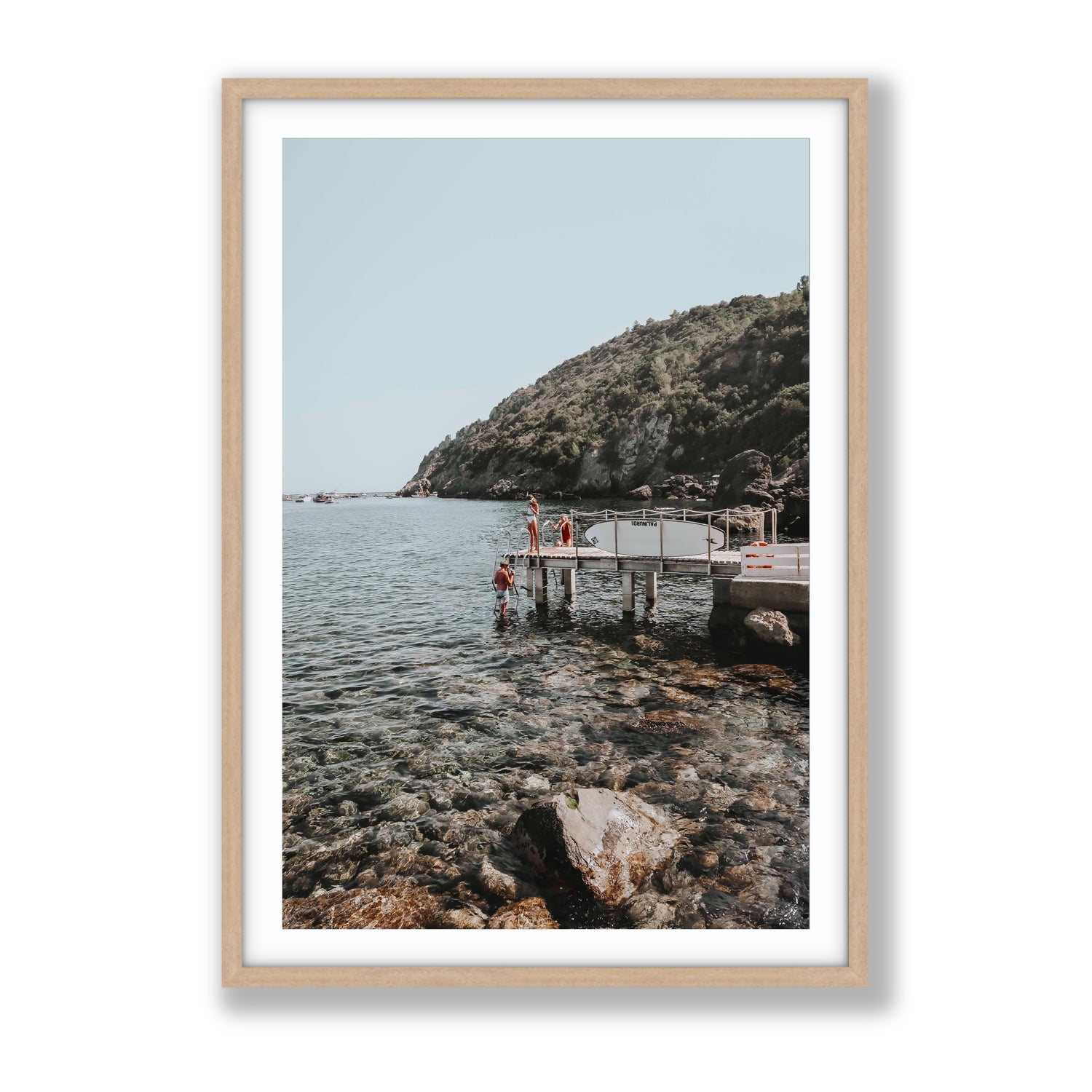 Tidal Explorers Tuscany coastal Italian wall art Gallery fine art print in natural oak frame with matboard