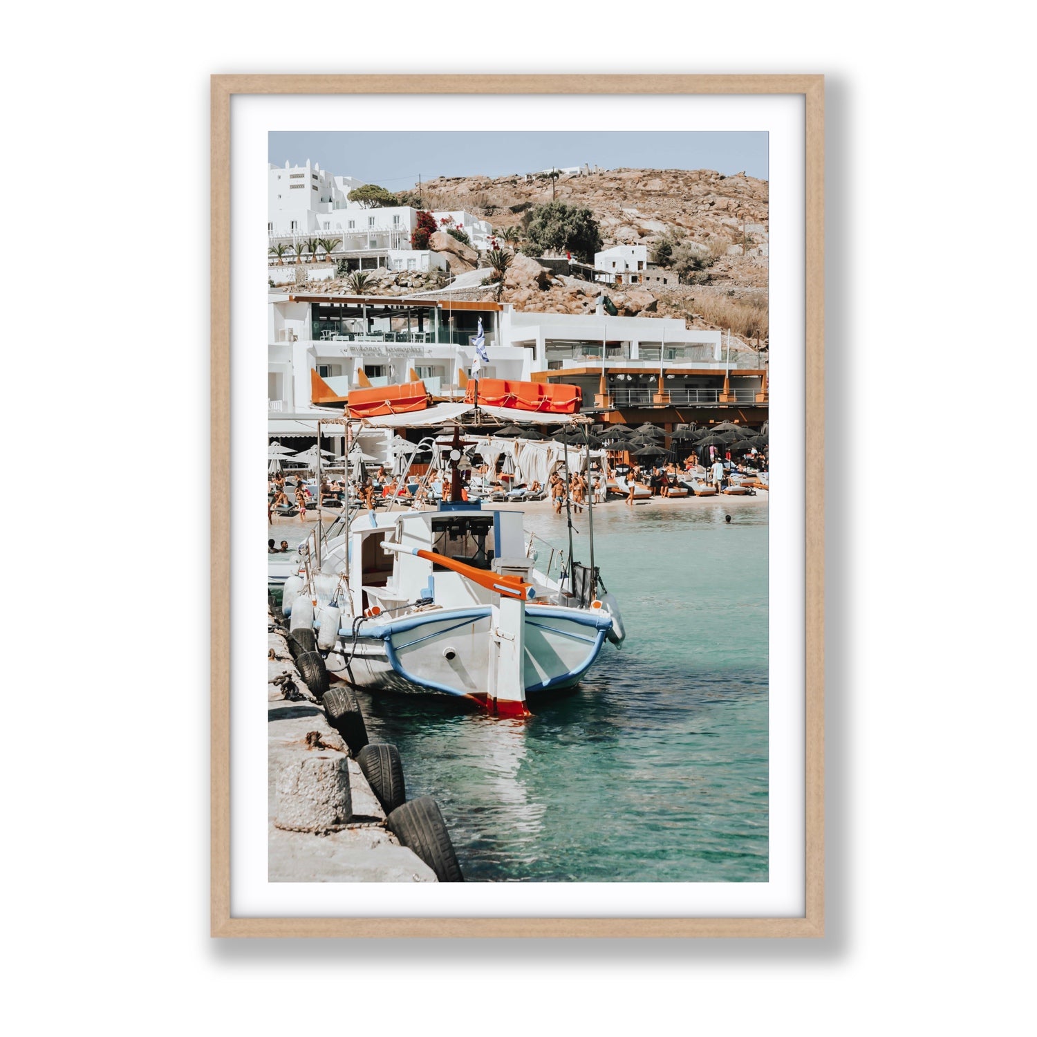 Travel In Style Mykonos Greek island wall art Gallery fine art print in natural oak frame with matboard