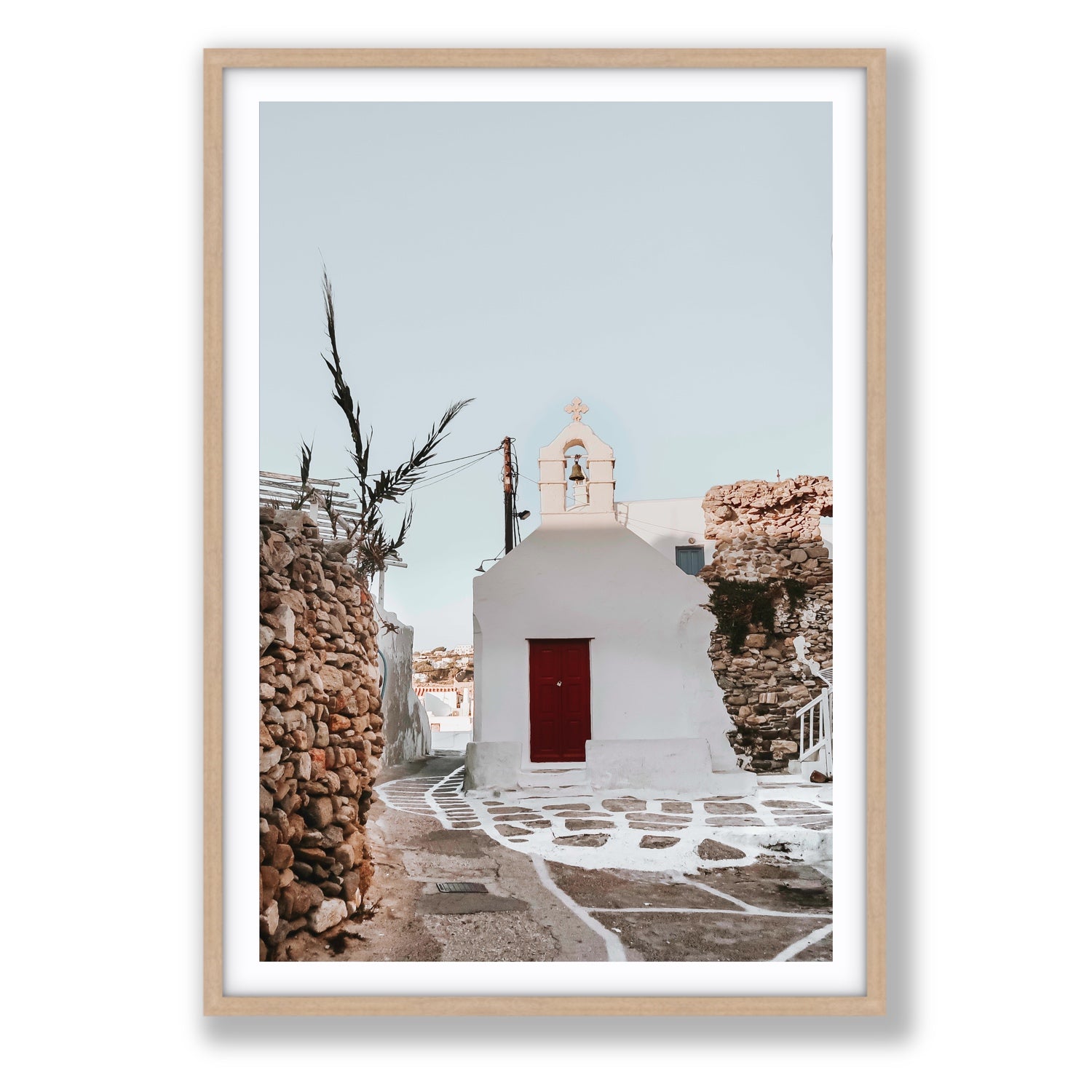 Little Chapel Mykonos Greek island wall art Statement fine art print in natural oak frame with matboard