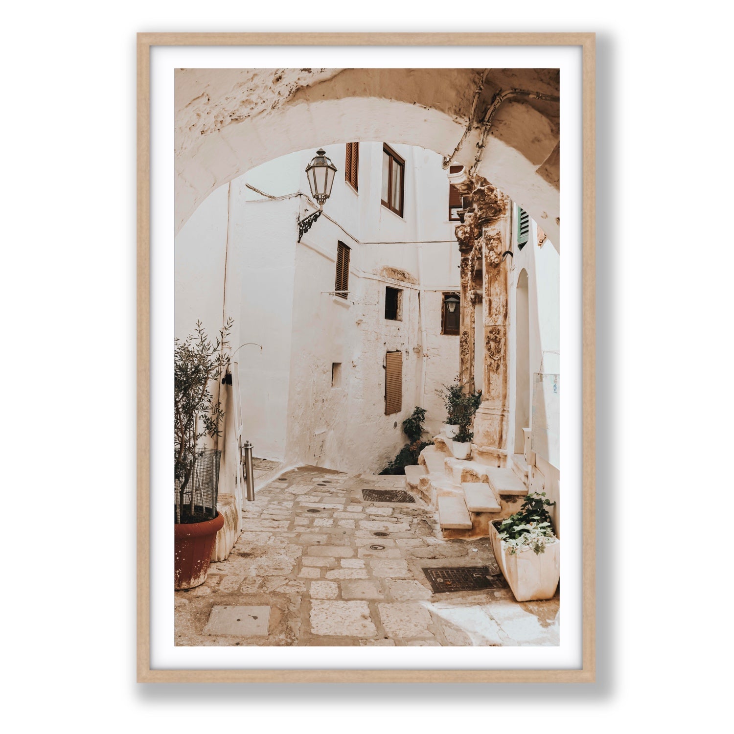 Pathway Wander Puglia Ostuni wall art Statement fine art print in natural oak frame with matboard